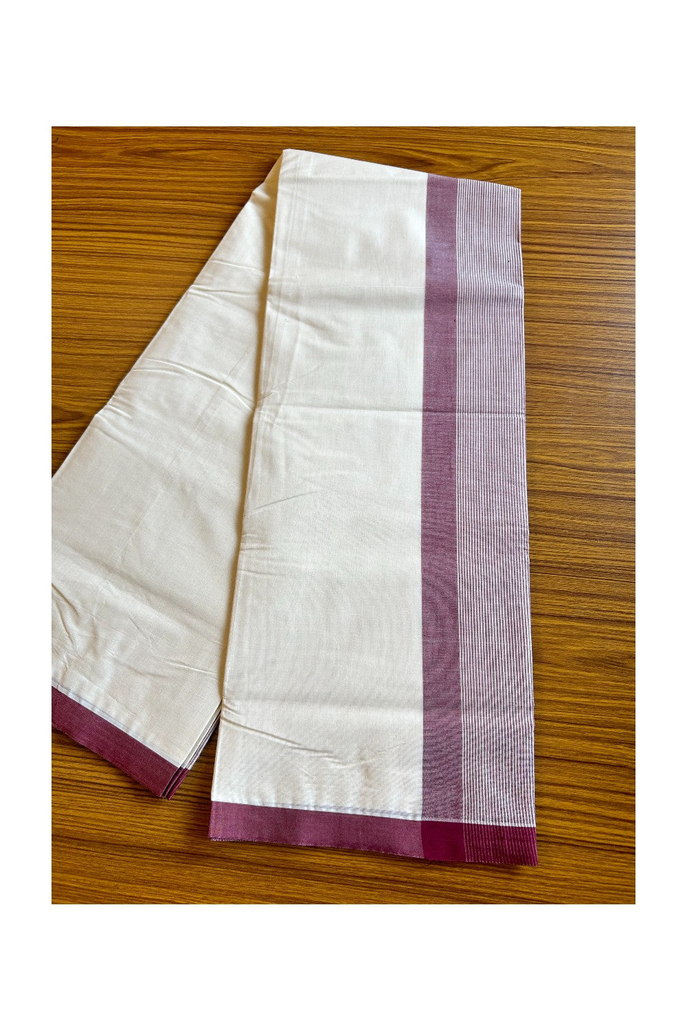 20% DISCOUNT! KaithariKada Balaramapuram 100% Cotton Off white  (Unbleached) Double Mundu/Dhoti-100x100 Maroon Stripes Kara- 4KK423ASH