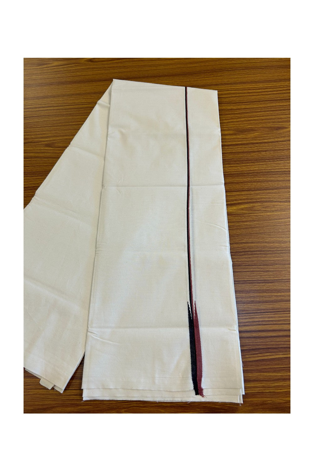 DMK Veshti - 28% DISCOUNT ! KaithariKada Balaramapuram 100% COTTON SINGLE OFF WHITE (Unbleached) Mundu/Dhoti-100X100 -  0.5 Inch Puliyilakkara Light Maroon & Black Chutty (2 meter / 4 muzham) -  4KK446ASH