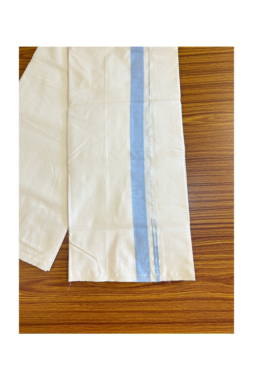30% Discount ! KaithariKada Balaramapuram 100% Cotton Single Off White (Unbleached) Mundu/Dhoti-Twisted 100s Thread- 1inch Sky Blue & Silver Kasav Chutty (2 meter / 4 muzham)-4KK455ASH