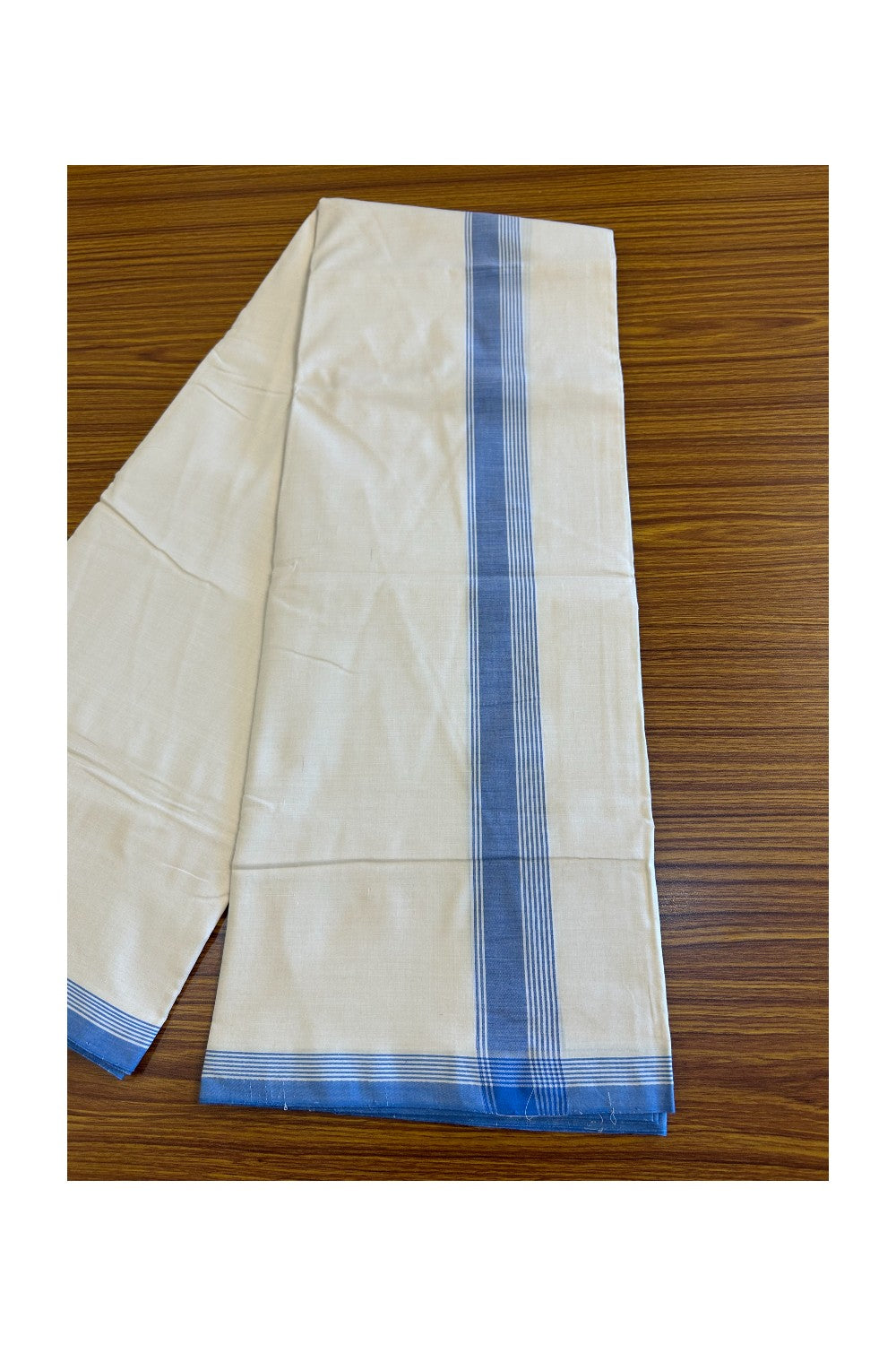 120X120 PREMIUM Kaitharikada Exclusive - 25% DISCOUNT! BALARAMAPURAM HANDLOOM Unakkupaavu - 100% PURE Cotton Double Mundu/Dhoti OFF WHITE (Unbleached) - 1.75 inch Blue Striped Kara - 4KK477KAL