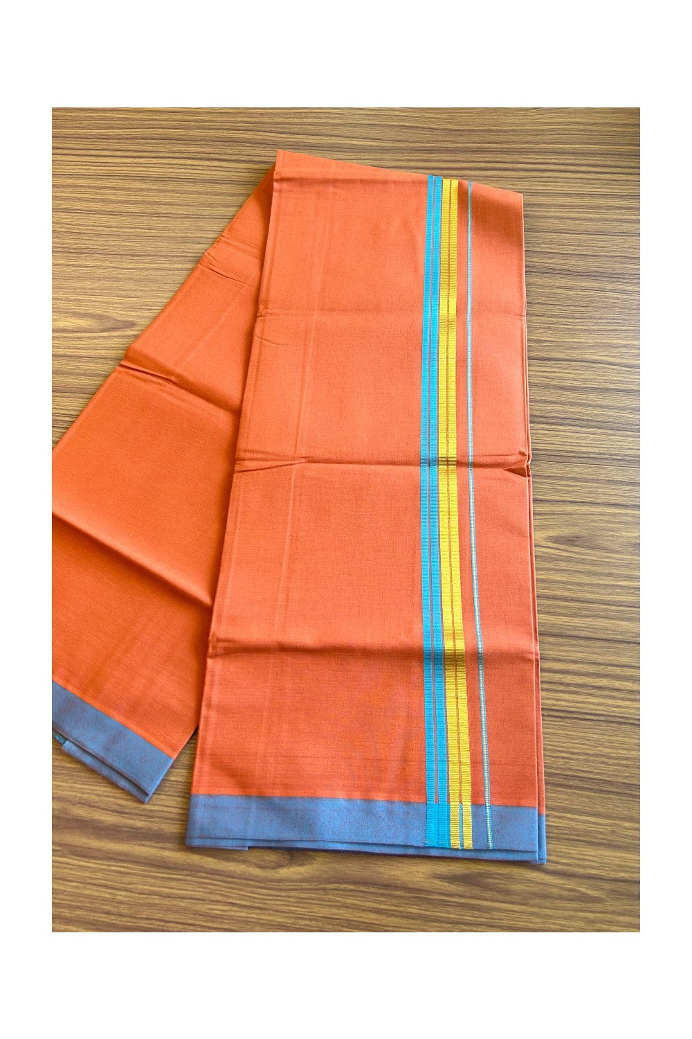 Kaitharikada Soft Cotton - Kaily / Lungi - 1.75 inch Deep sky blue & kasavu striped kara with KAAVI colour body - 4KK492RAM