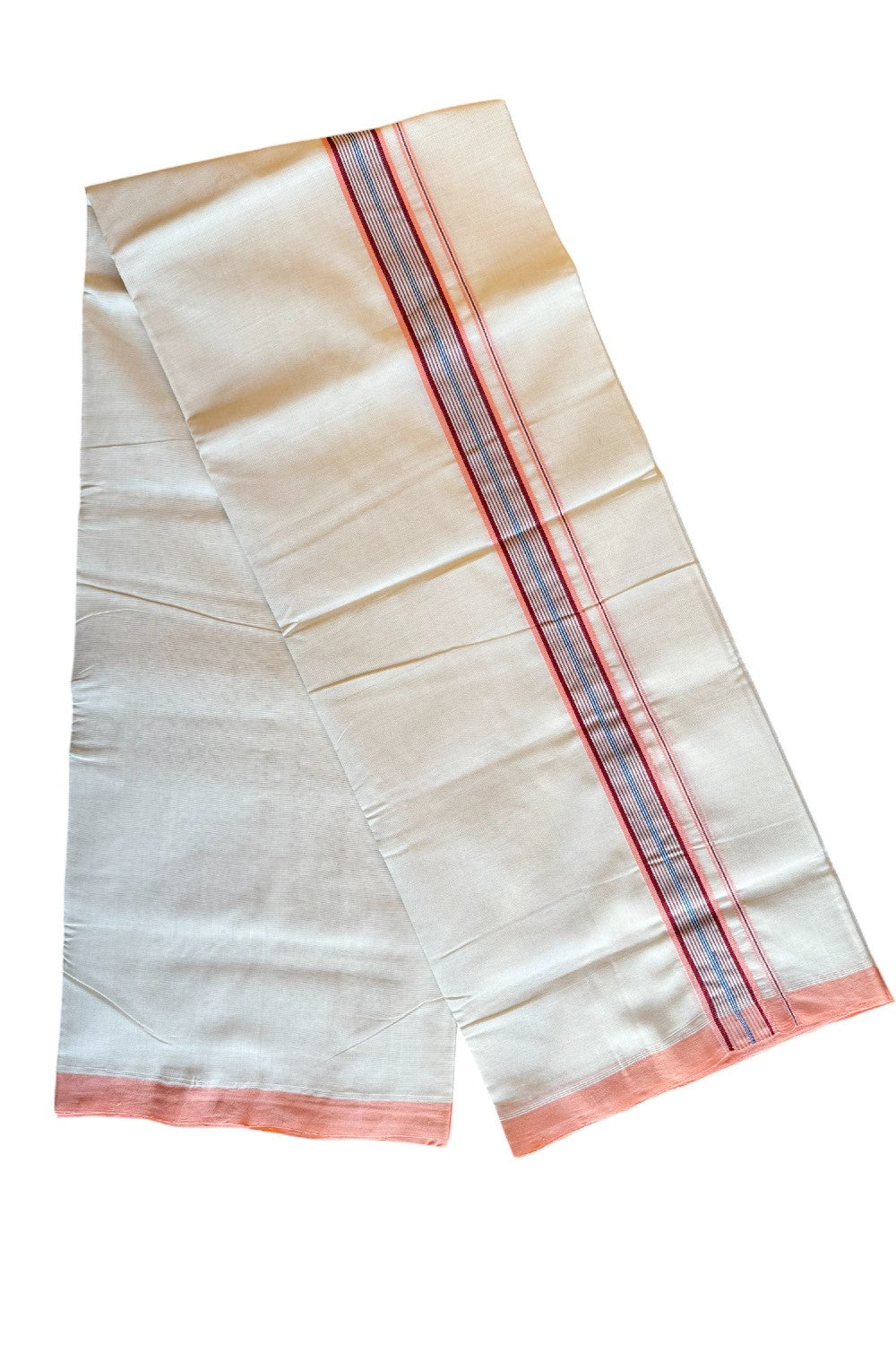 30% DISCOUNT!! KaithariKada HANDLOOM UNAKKUPAAV Balaramapuram - 100% PURE Cotton OFF White Double Mundu/Dothi - 2 inch Pink Blue Mixed Stripes Mulloth Kara 4.5 Meters (10 Muzham) - 4KK494SOM