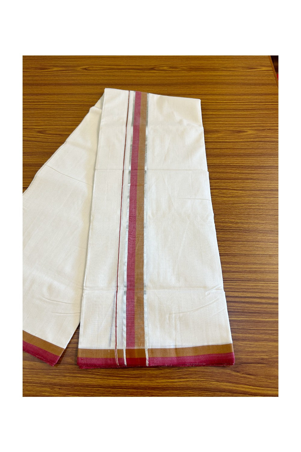 30% Discount KaithariKada HANDLOOM Unakkupaav Balaramapuram - 100% PURE Cotton Off White - (Unbleached) 100x100 Double Mundu/Dhoti - 2.15 inch Silver Kasavu Brown & Red Kara- 4KK498KK