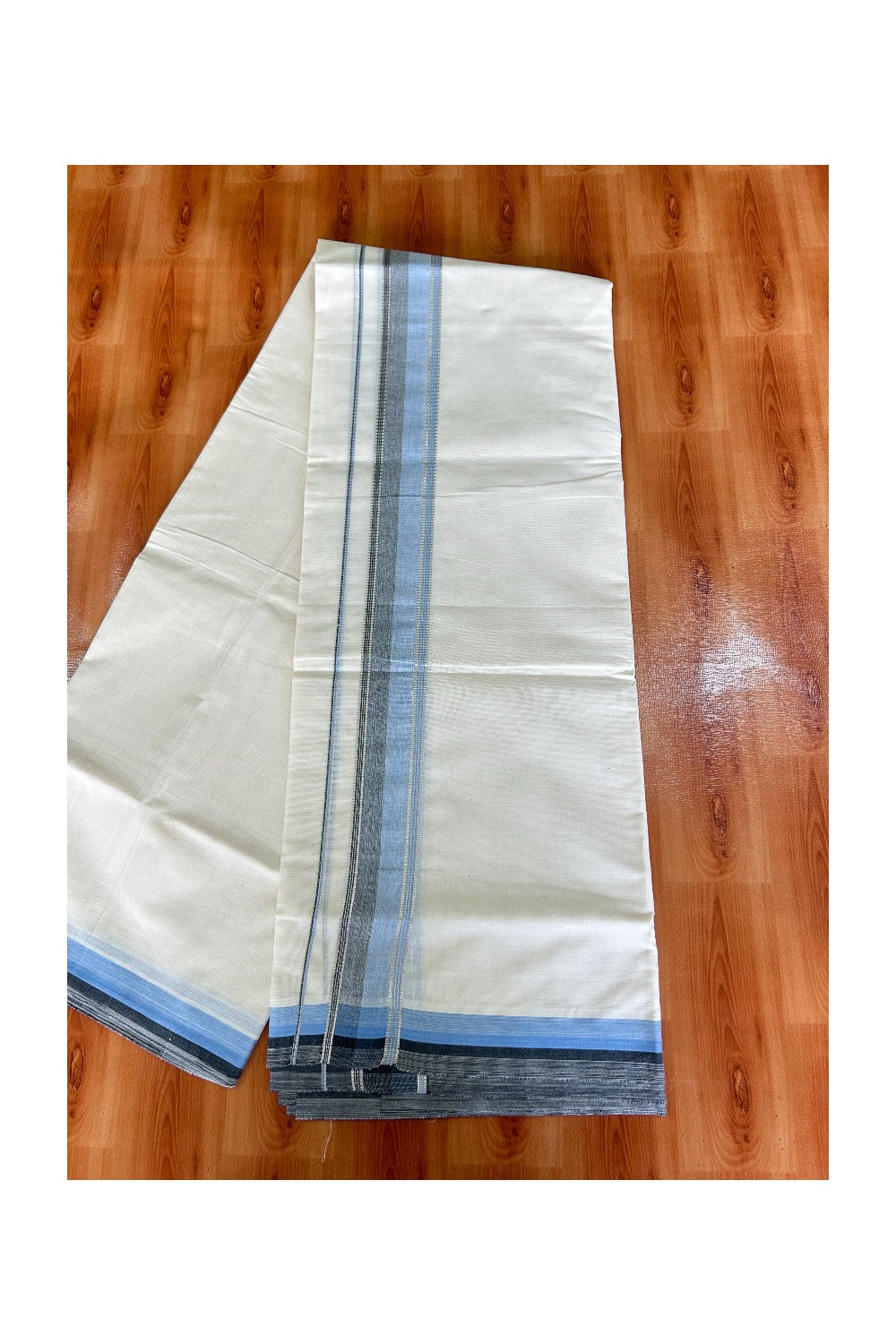 KaithariKada Balaramapuram 100% Cotton off white - (Unbleached) Double Mundu/Dhoti - 100X100 Shaded Blue Black & Silver Striped kara - 4KK5003PMC