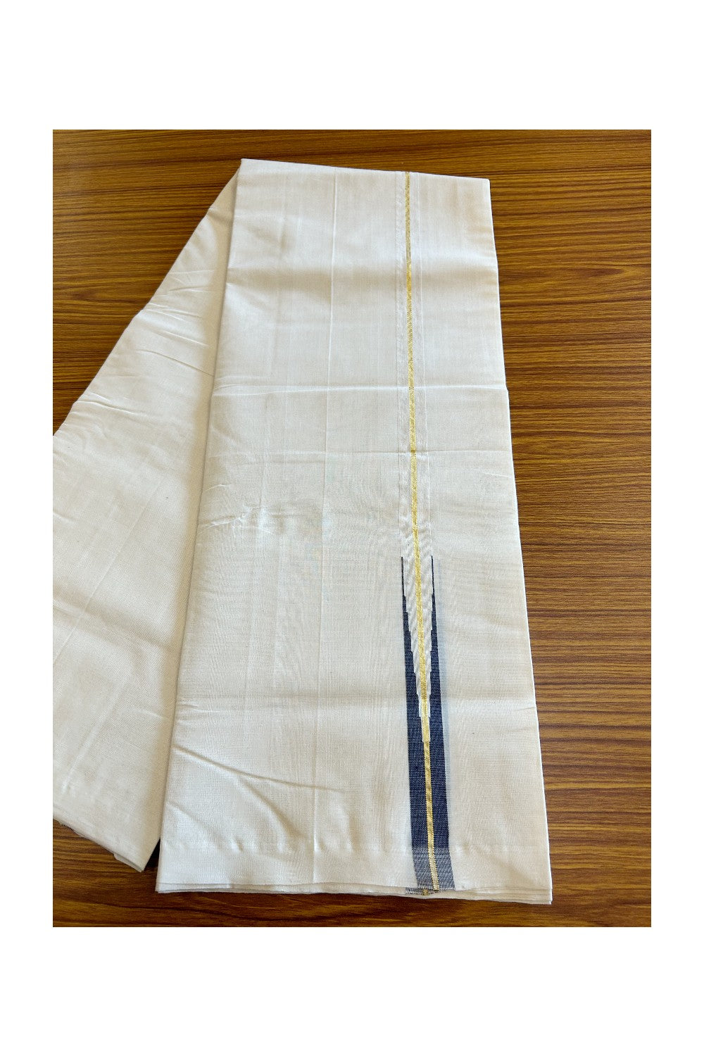 30% DISCOUNT!! KaithariKada HANDLOOM Millpaav Balaramapuram - 100% PURE Cotton OFF White Double - (Unbleached) Mundu/Dothi - 1 inch puliyilakkara Kasavu Navy Blue chutty - 4KK5029RAM