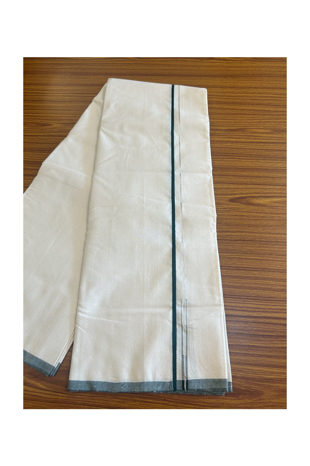 SIGNATURE KAITHARIKADA EXCLUSIVE SINGLE DHOTI - 30% Discount! 100% Cotton Balaramapuram HANDLOOM Single Mundu/Dhoti - Off White - (Unbleached) 0.25 Inch GREEN & SILVER KASAVU Chutty Kara (2 meter / 4 muzham) - 4KK502KK