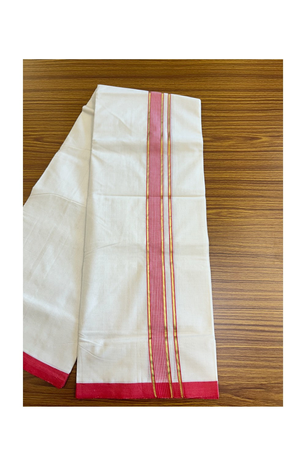 25% DISCOUNT! KaithariKada BALARAMAPURAM HANDLOOM UNAKKUPAAV - 100% PURE Cotton off white (Unbleached) Double Mundu/Dhoti - 2 inch Kasavu & Pink Red Stripes Kara-62
