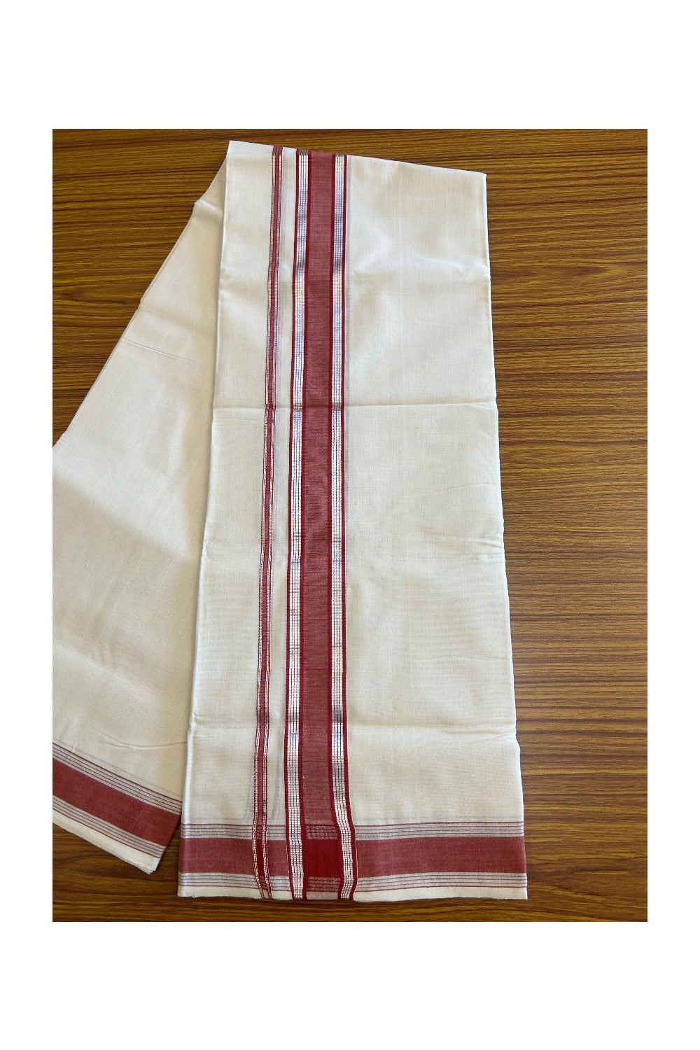25% DISCOUNT!KaithariKada Handloom Balaramapuram 100% Cotton Double Off white (Unbleached) Mundu/Dhoti-100X100- 2.75 inch Silver Kasavu & Red Kara.-6.