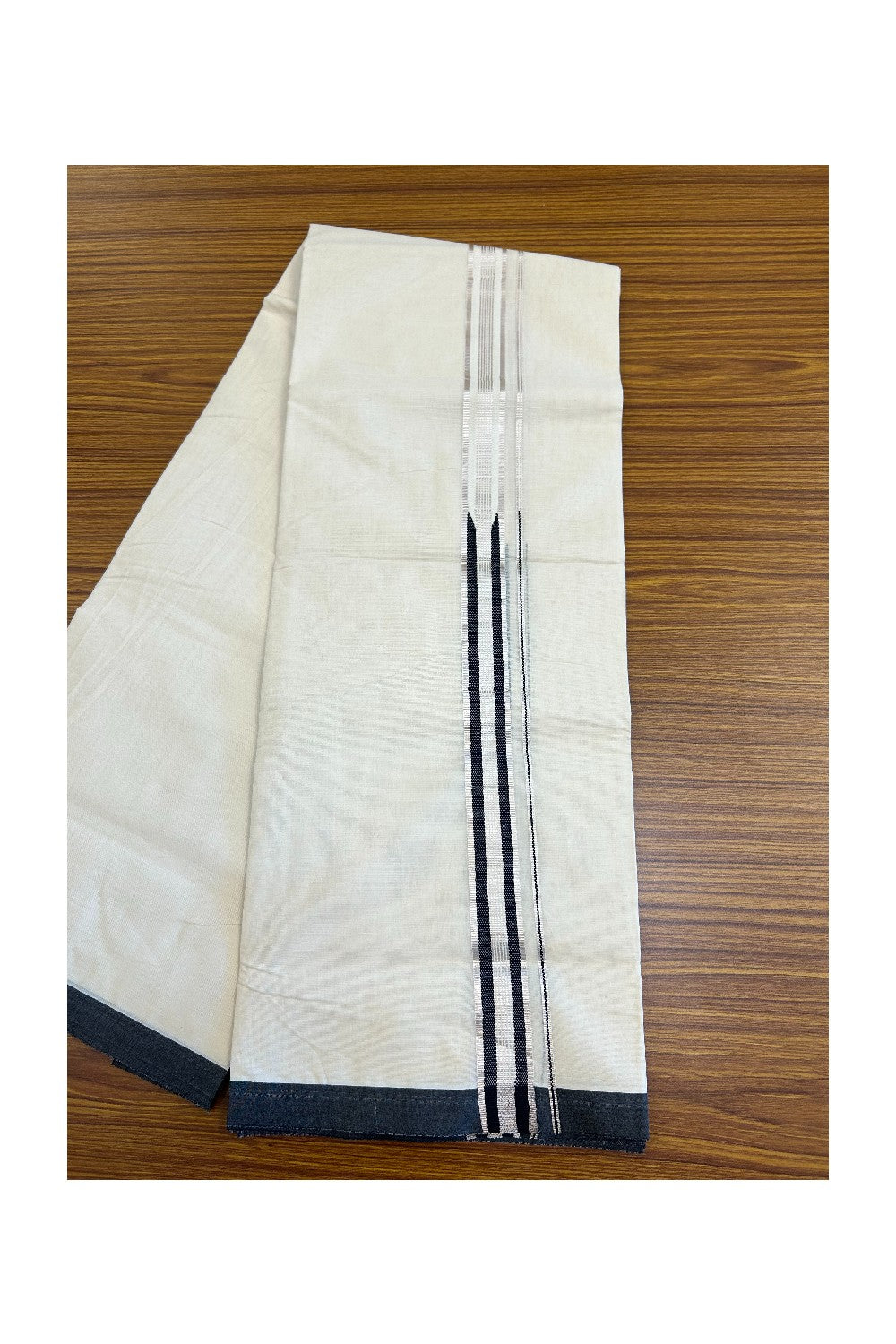19% DISCOUNT! KaithariKada Balaramapuram 100% Cotton Double Off white - (Unbleached) Mundu/Dhoti-100x100 2 inch Chutty Heavy Designer Black & SILVER Kasavu Kara - 14KK400ASH