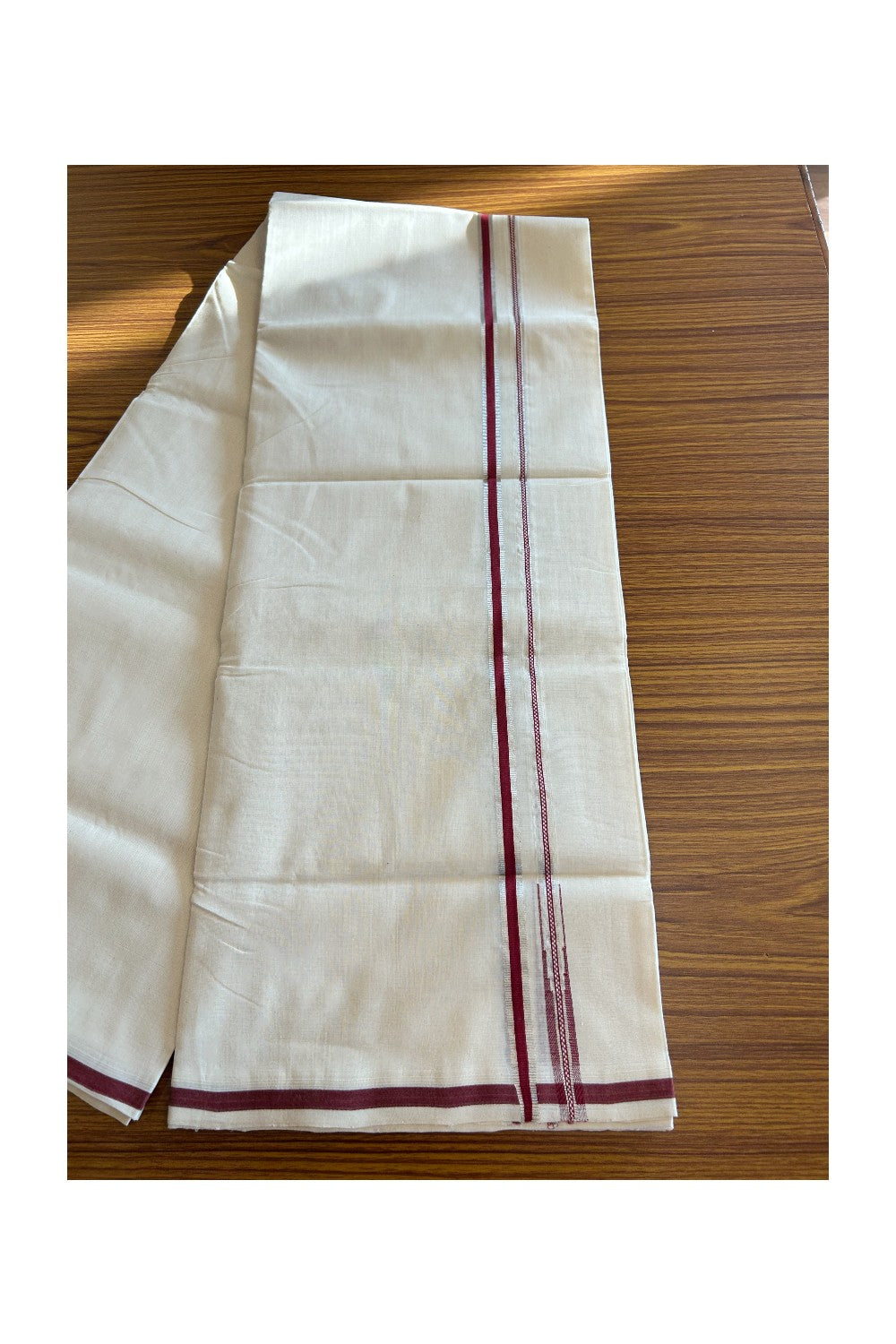29% DISCOUNT!! KaithariKada HANDLOOM UNAKKUPAAV Balaramapuram - 100% PURE Cotton OFF White - (Unbleached) Double Mundu/Dothi - 1 cm Puliyilakkara Maroon & Silver Kasavu chutty Kara - 4KK5089YAR