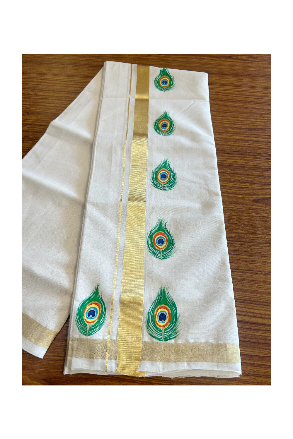 25% Discount!! KaithariKada HANDLOOM Millpaav Balaramapuram - 100% PURE Cotton OFF White - (Unbleached) Double Mundu/Dothi - 1.75 Inch Kasavu kara Hand Painted Peacock feather Design - 4KK5091RAM