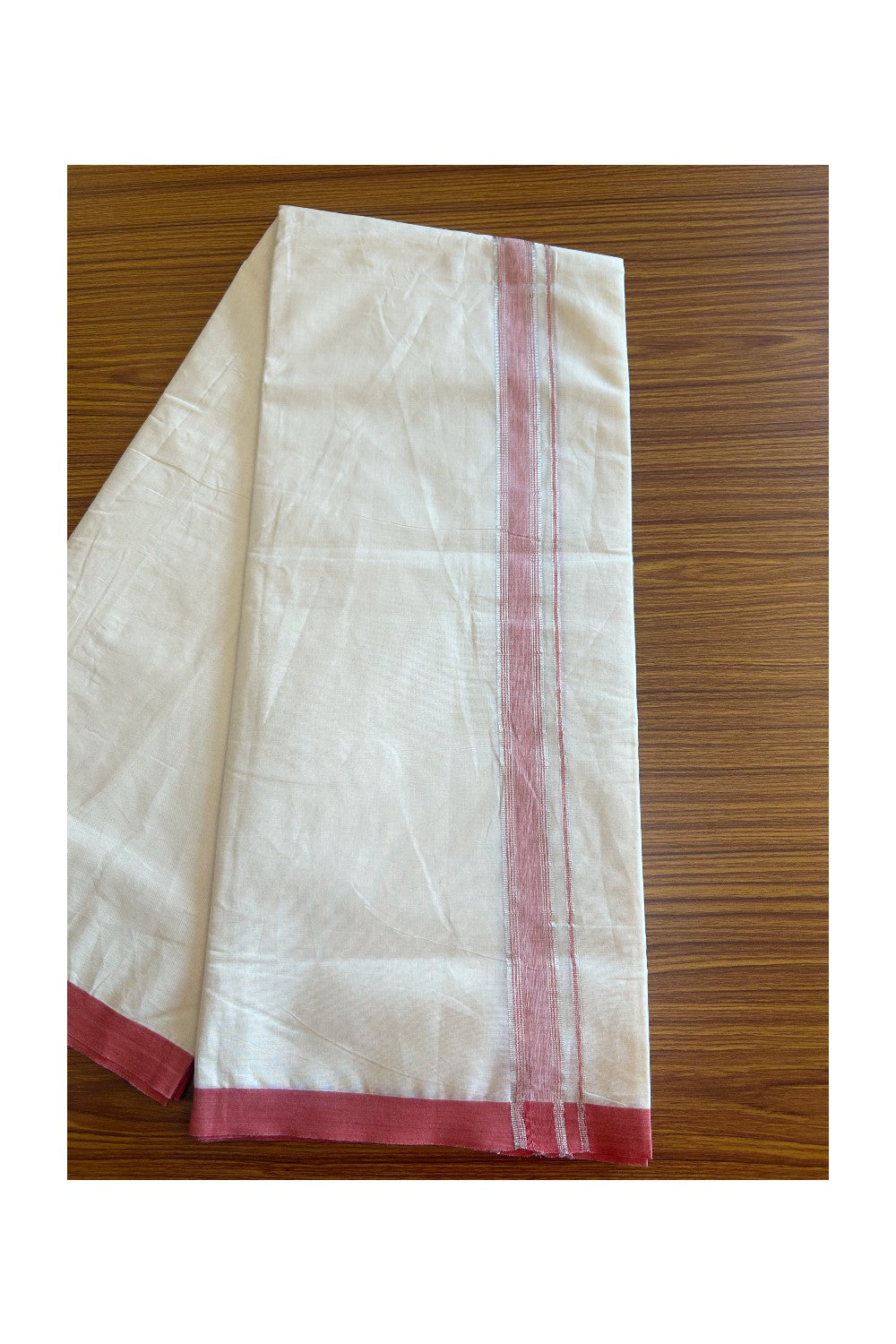 19% DISCOUNT ! KaithariKada 100% Cotton OFF WHITE (Unbleached) Double Dhoti/Mundu- 1.75 inch Reddish Pink & Silver Striped Kara 4.26 Meters (9.13 Muzham) - 4KK5093ASH