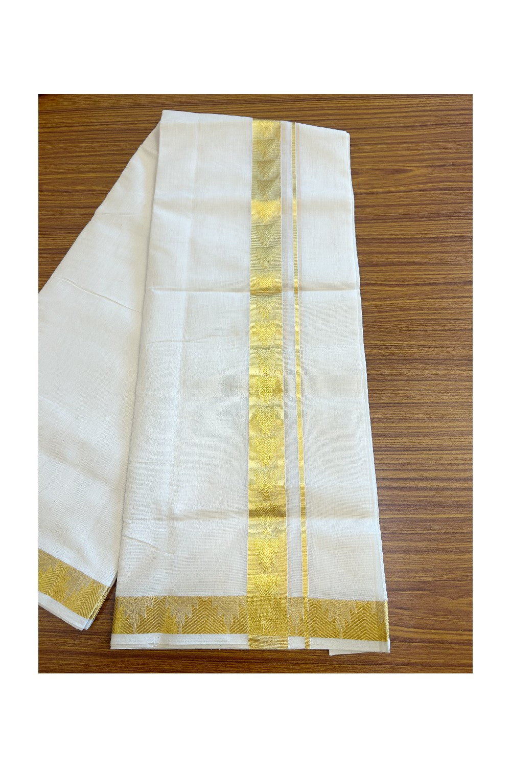 25% DISCOUNT ! KaithariKada HANDLOOM Unakkupaav Balaramapuram - 100% PURE Cotton Off White - (Unbleached) Double Mundu/Dhoti - 2.25 inch Gold Kasavu Design Kara - 4KK5107ABH