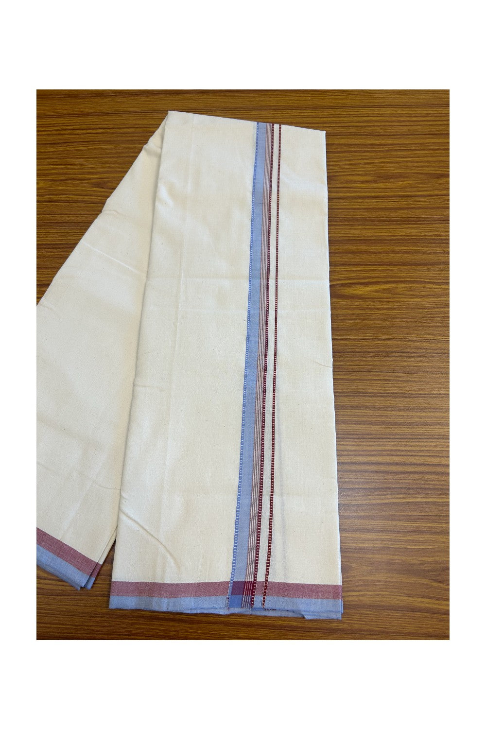 SIGNATURE KAITHARIKADA EXCLUSIVE SINGLE DHOTI -25% Discount! 100% Cotton Balaramapuram HANDLOOM Single Mundu/Dhoti - Off White - (Unbleached) 1 inch Lavender Blue & Maroon Silver gold Kasavu Muthukuri white striped kara (2meters /4muzham) - 3KK5131KAI