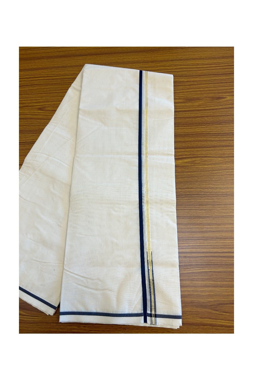 19% DISCOUNT! KaithariKada Balaramapuram 100% Cotton Double Off white - (Unbleached) Mundu/Dhoti-100x100 1.cm Chutty Puliyilakkara Kasavu & Navy Blue Kara - 4KK5133ASH
