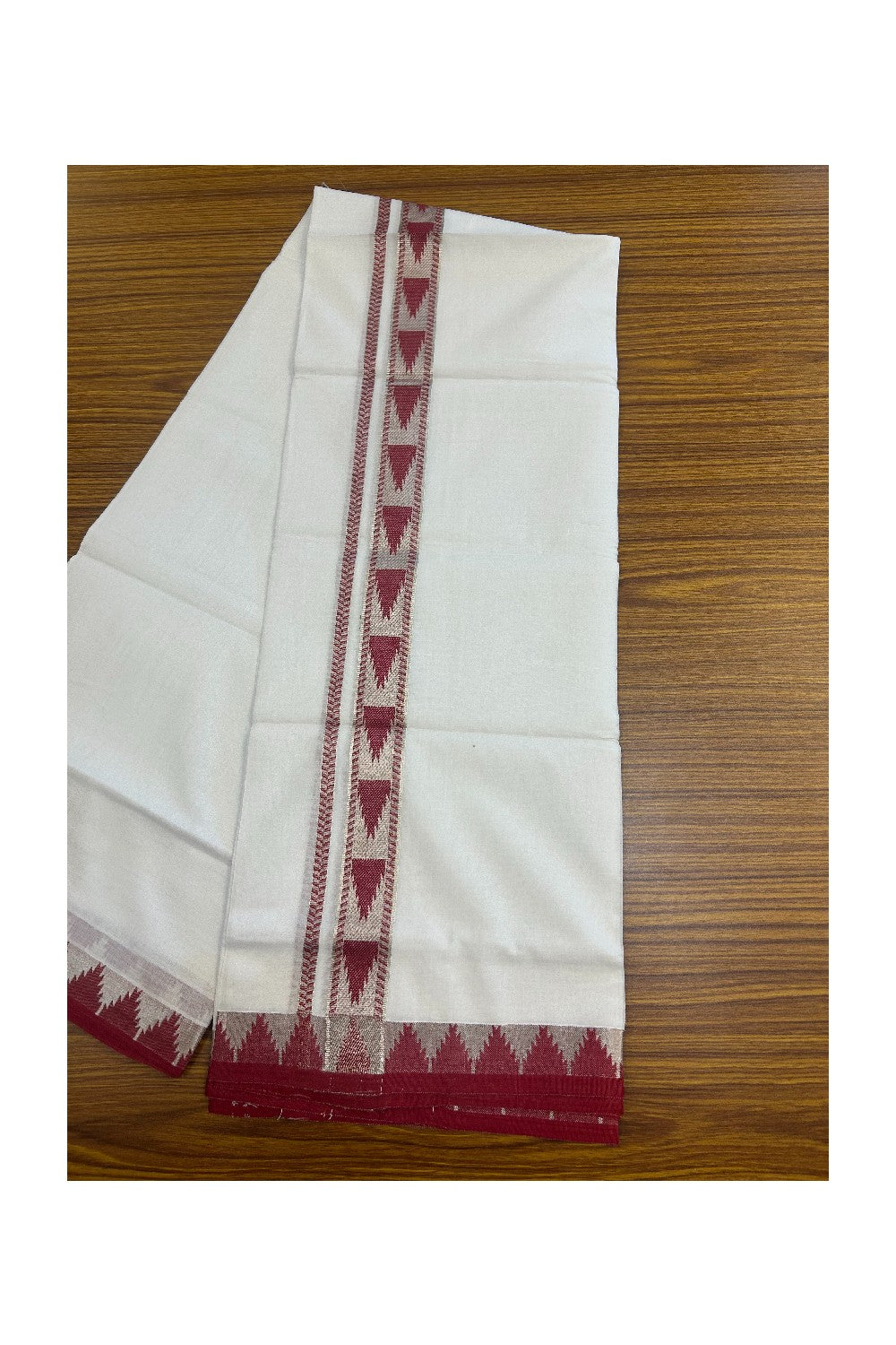 25% DISCOUNT! KaithariKada Balaramapuram 100% Cotton Double PURE white Mundu/Dhoti - 100x80 - 1.25 Inch Magenta Red & Silver kasavu Temple Design Kara - 4KK5147PMC