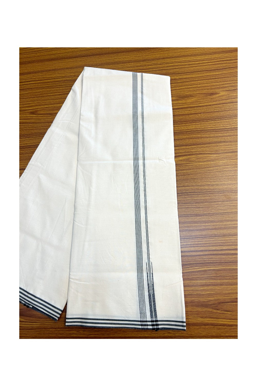 16% DISCOUNT ! KaithariKada Balaramapuram 100% COTTON SINGLE OFF WHITE (Unbleached) Mundu/Dhoti-100X100- 0.5 inch Puliyilakkara Black Striped Chutty Kara (2 meter / 4 muzham) - 4KK5150ASH