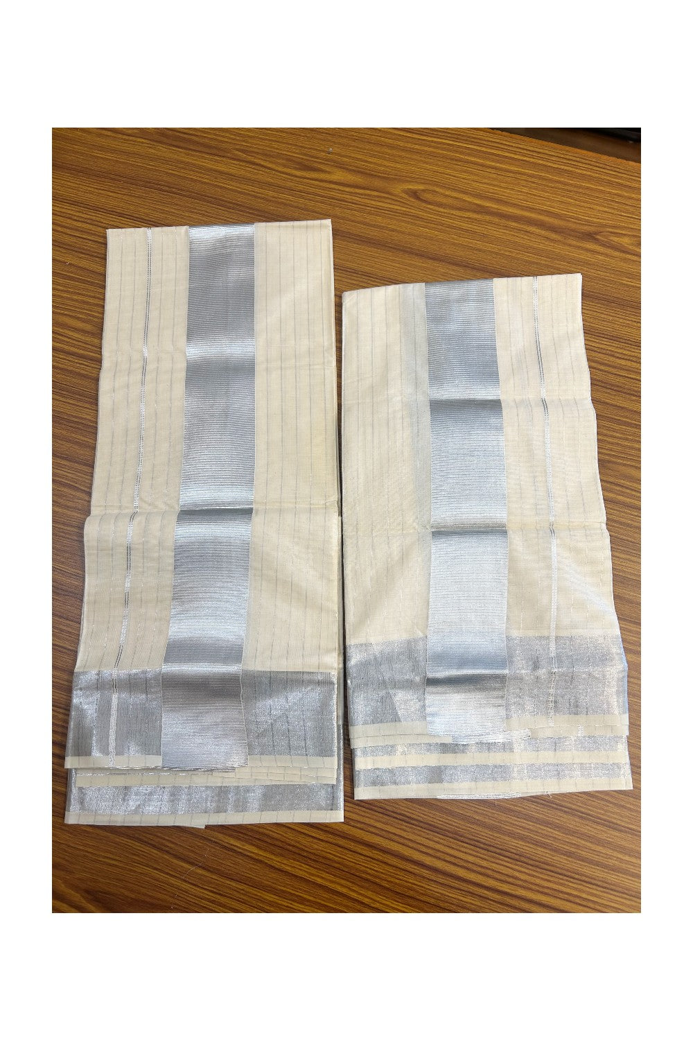 25% Discount!! KaithariKada - Kerala Pure Cotton OFF WHITE Single Set Mundu - EXTRA LENGTH - Stripes Silver Kasavu Big Kara - 4KK5152PMC