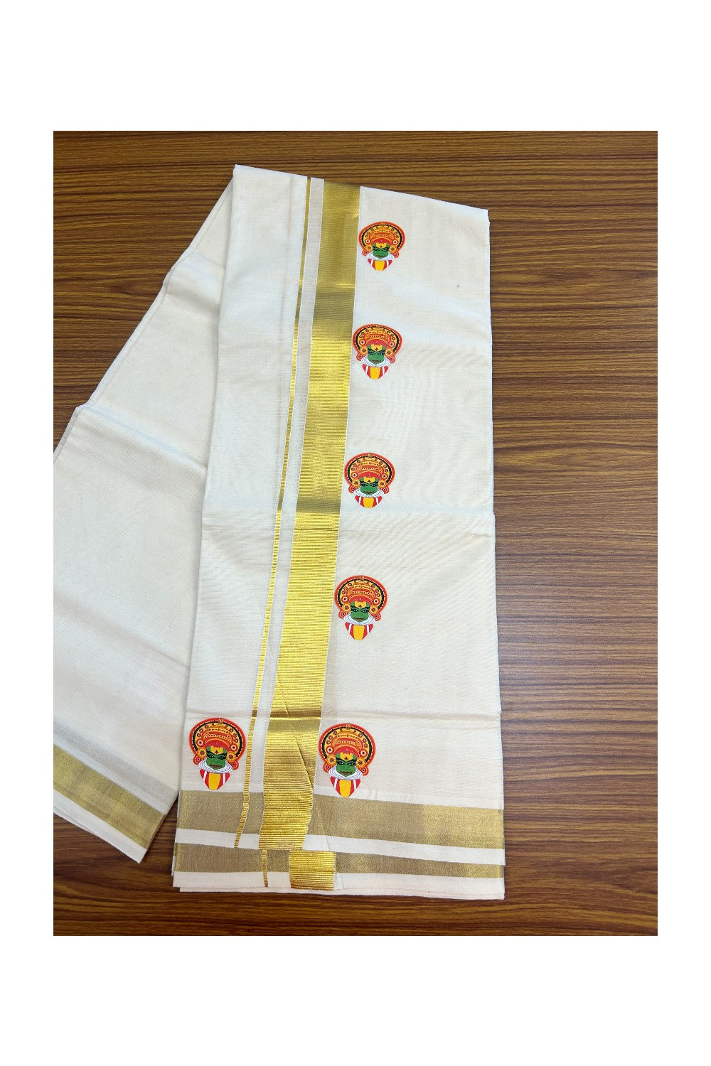 23% Discount!! KaithariKada Balaramapuram Mixed Cotton DOUBLE OFF WHITE - (Ubleached) Mundu/Dhoti - 80x72 - 1.25 inch Kasavu & Kathakali Printed Design Kara - 4KK5171GAN