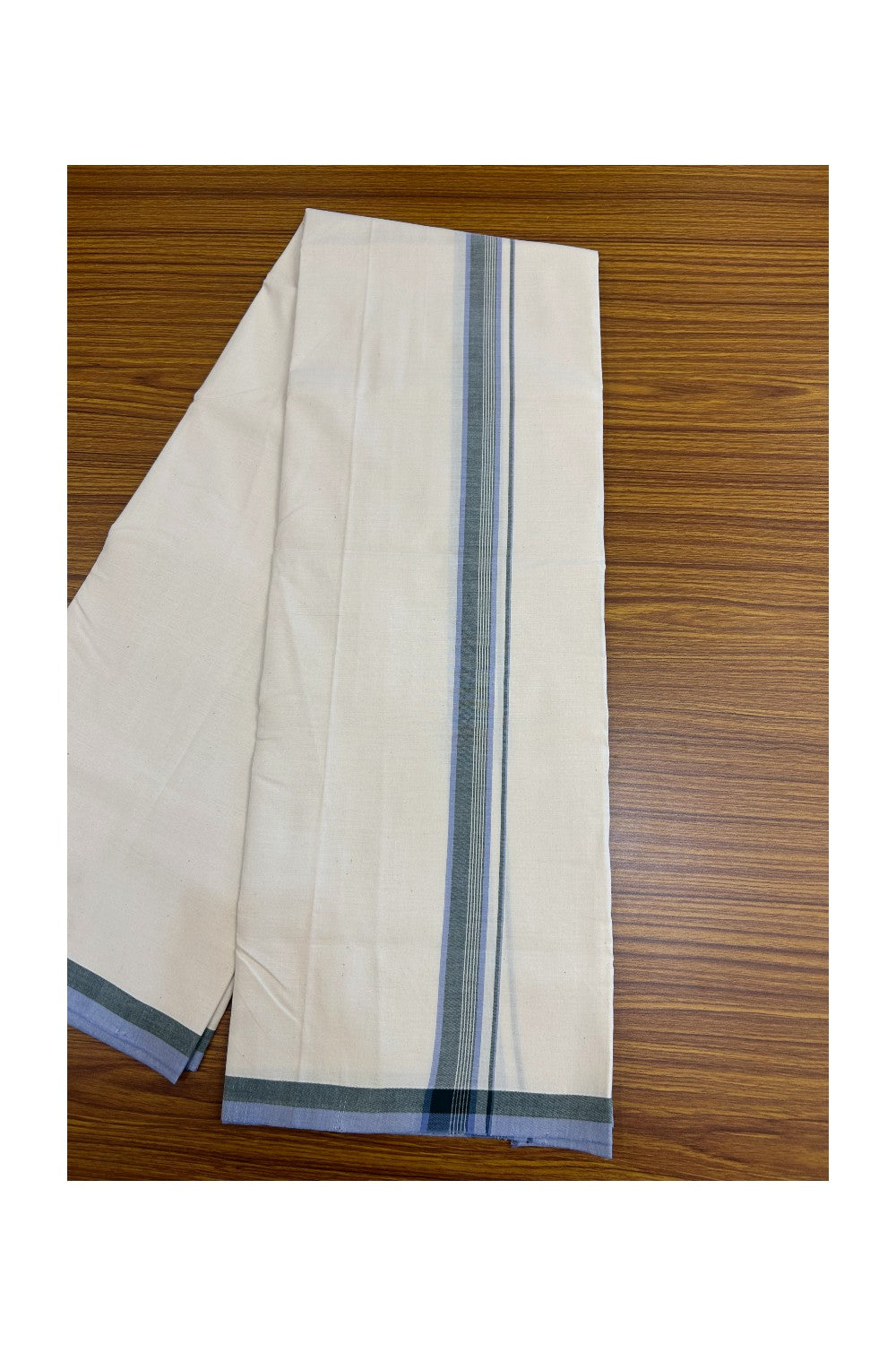 25%DISCOUNT!! SIGNATURE KAITHARIKADA EXCLUSIVE SINGLE DHOTI - 100% Cotton Balaramapuram HANDLOOM Single Mundu/Dhoti - Off White - (Unbleached) 1 inch Green & Lavender Striped Kara (2 meter / 4 muzham)- 4KK5173KAI