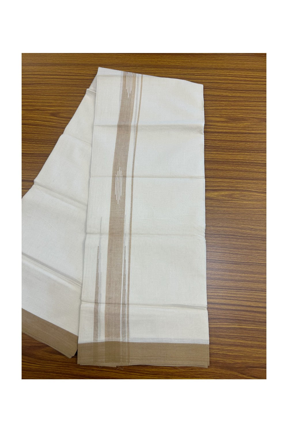 25% DISCOUNT! KaithariKada Balaramapuram Double OFF WHITE 100% Cotton Mundu/Dhoti - 100x80 - 2 inch Putta Design Sand Brown chutty kara - 4KK5174THI