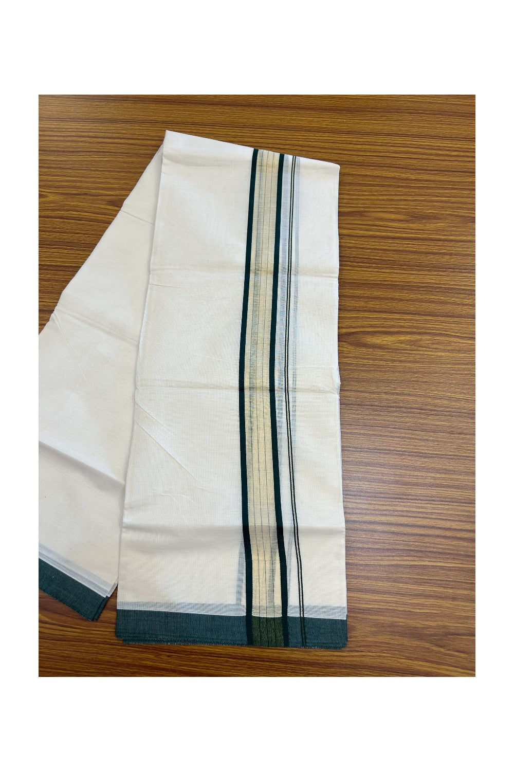 20% DISCOUNT! KaithariKada Balaramapuram Double OFF WHITE Mundu/Dhoti - 80x90 - 1.75 Inch Tissue Dark Green striped Kara - 4KK5182VAS