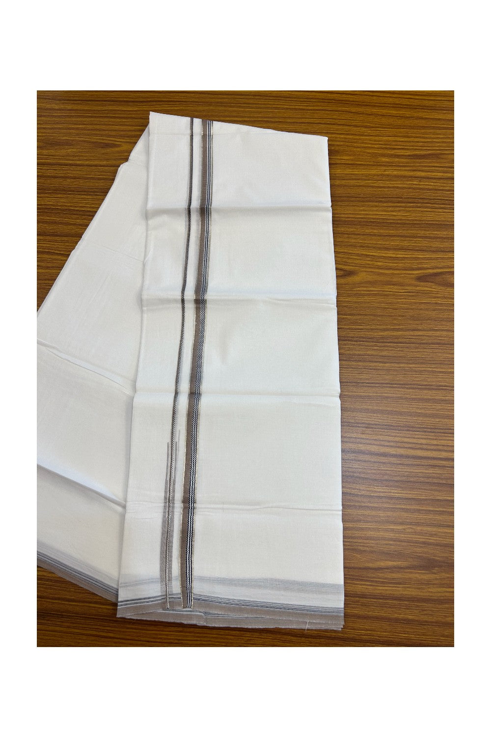 20% Discount !! Kaitharikada Balaramapuram 100% Cotton PURE WHITE DOUBLE Mundu/Dothi- 100X80 Thread - 0.5 inch - Silver Kasavu Black & Grey Brown Design Chutty Kara - 4KK5184RAMS