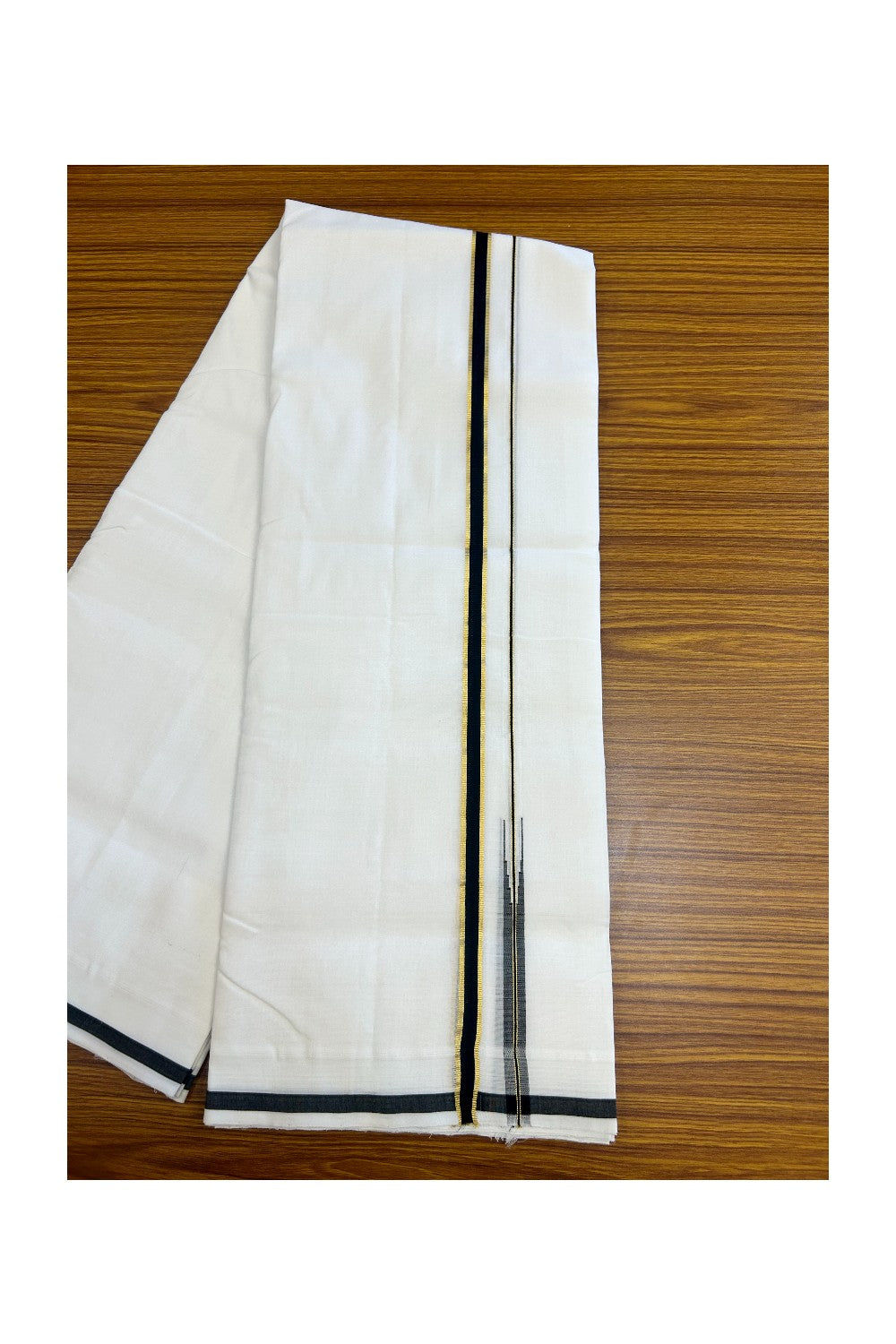 25% Discount!! NEW ULTRA PURE WHITE HANDLOOM Balaramapuram - 100% Mercerised Cotton Double Mundu/Dhoti - 120(Twisted) x 80 - 0.5 inch Black Kasav Puliyilakkara Chutty - 4KK5195REA