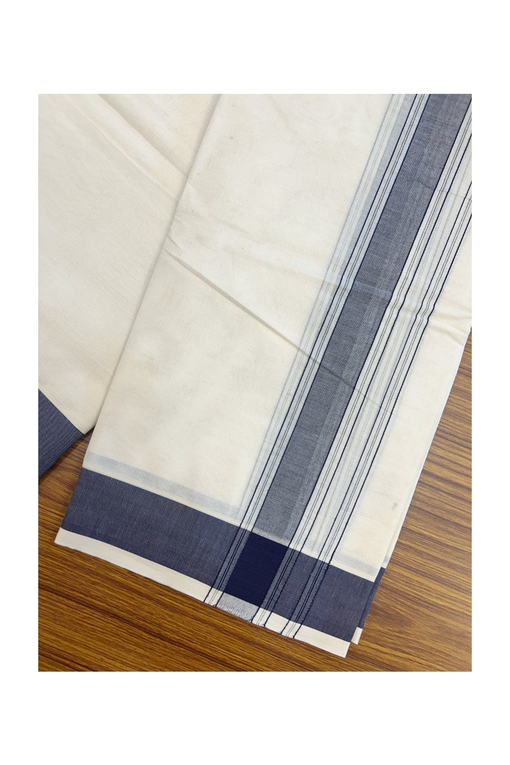 Panchakacham Dhoti - 20% DISCOUNT! KaithariKada 100% Cotton Off White - (Unbleached) - Pure Cotton -100x100 thread - NORTH INDIAN ATTACHED GAMCHA 9X5 Dhoti Navy Blue Striped 1.75 inch kara - 4KK5196PMC