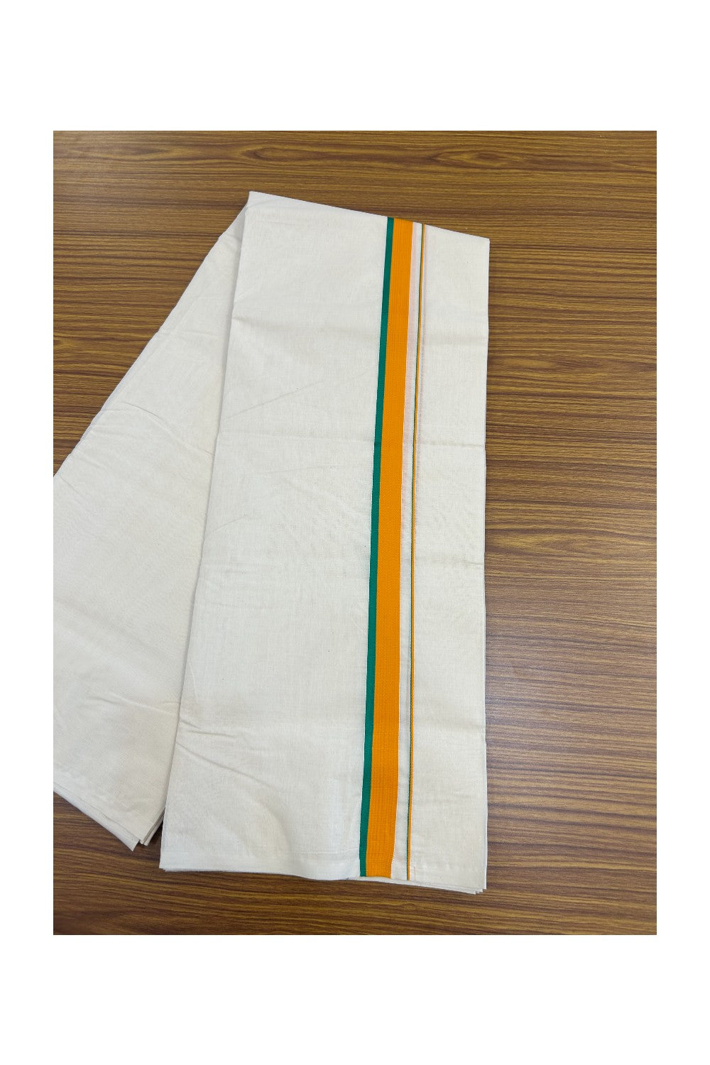 BJP VESHTI - 20% DISCOUNT! KaithariKada 100% Cotton off white Double - (Unbleached) Mundu/Dhoti - 100X80 - 1 inch Orange & Green Kara - 4KK5198ASH