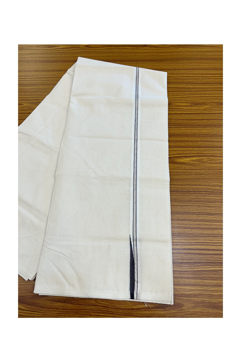 20% DISCOUNT ! KaithariKada 100% Cotton OFF WHITE (Unbleached) Double Dhoti/Mundu- 0.75 inch Puliyilakkara Coffee Brown & Silver Chutty Kara 4.50 Meters (10 Muzham) - 4KK5203ASH