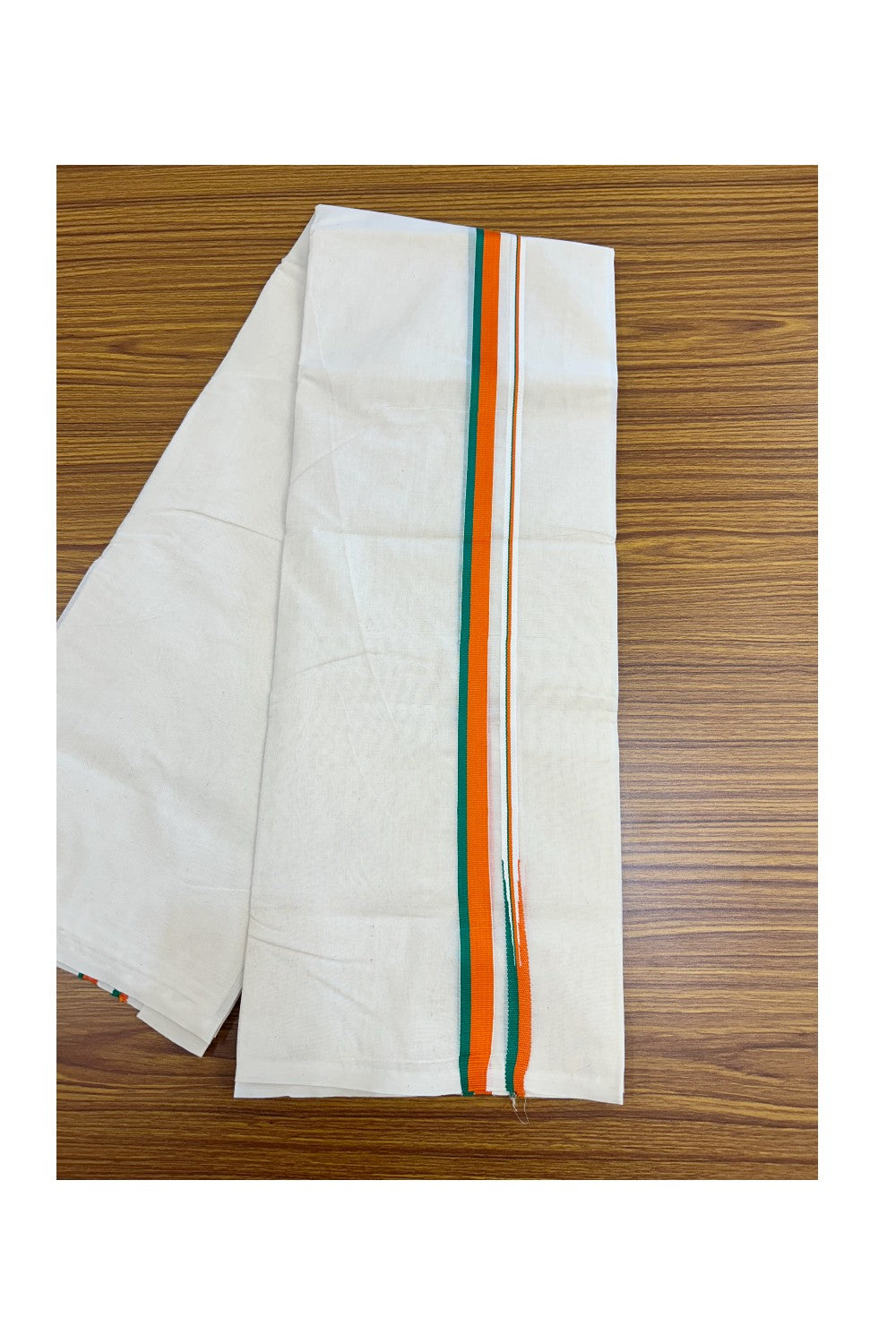 BJP VESHTI - 20% DISCOUNT! KaithariKada 100% Cotton off white Double - (Unbleached) Mundu/Dhoti - 100X100 - 0.75 inch Puliyilakkara Orange & Green Chutty Kara - 4KK5207ASH