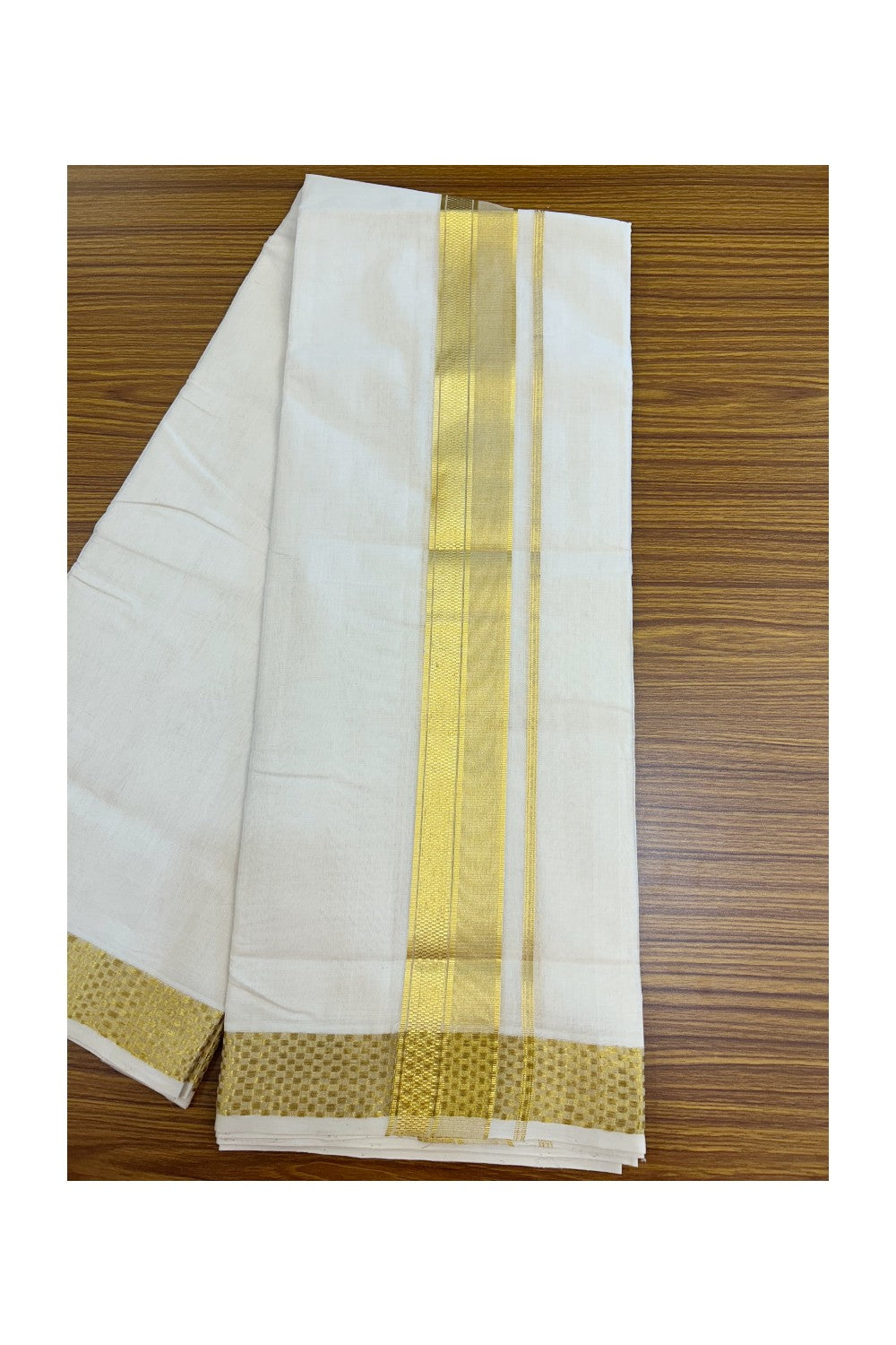 25% DISCOUNT ! KaithariKada HANDLOOM UNAKKUPAAV Balaramapuram - 100% PURE Cotton Off White - (Unbleached) Double Mundu/Dhoti - 2.25 inch Gold Kasavu Striped Jacquard Design Kara - 4KK5208ABH
