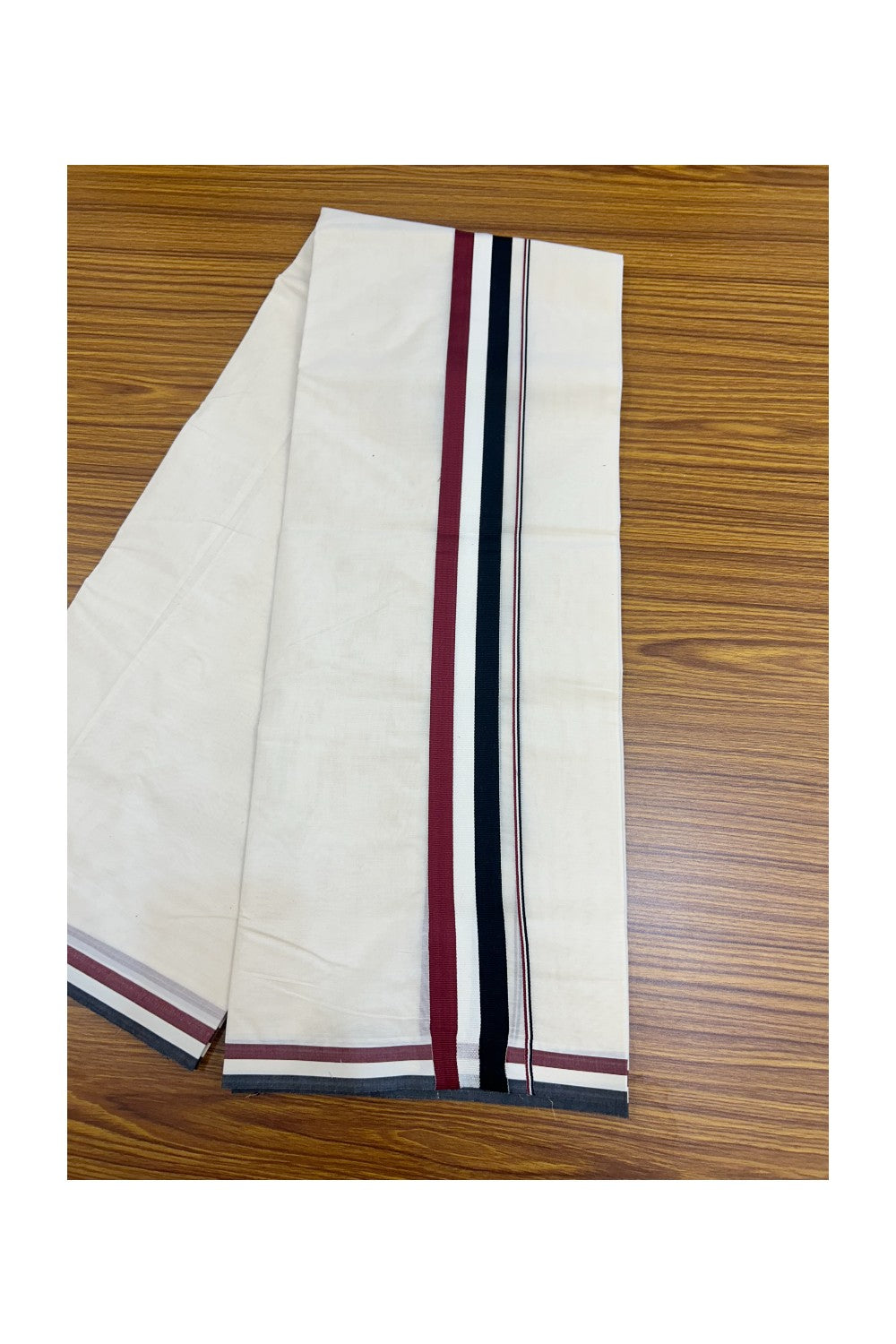 ADMK VESHTI - 20% DISCOUNT! KaithariKada 100% Cotton off white Double - (Unbleached) Mundu/Dhoti - 100X100 - 1.75 inch Black White & Maroon kara - 4KK5211ASH