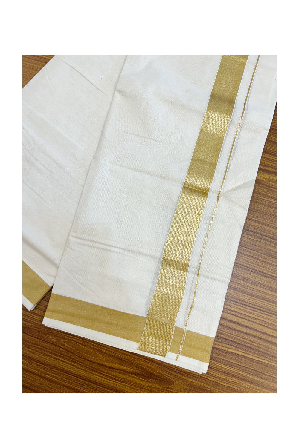 20% DISCOUNT ! KaithariKada Balaramapuram Mixed Cotton OFF WHITE (Unbleached) Double Mundu/Dhoti - 60s Thread Mixed Cotton - 1.5 inch Dark Yellow & Gold Kasav Kara - 4KK5213 VIN
