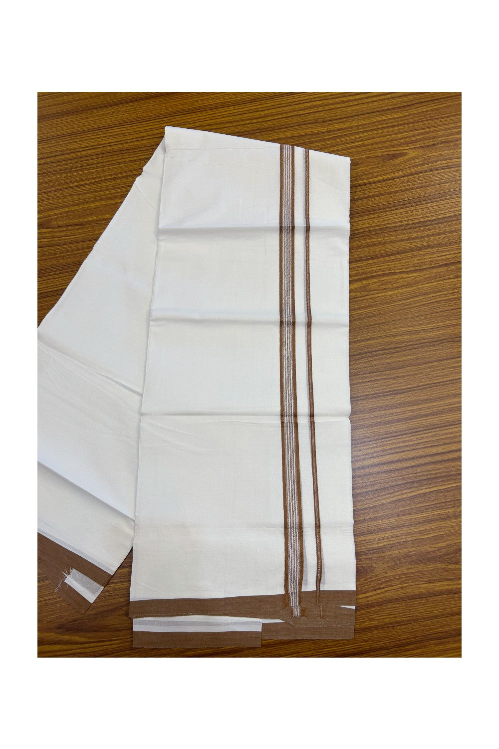 20% Discount ! Kaitharikada Balaramapuram 100% Cotton PURE WHITE Double Mundu/Dothi - 100x80 - 0.75 inch Brown Shaded Striped Kara - 4KK5217 CKS