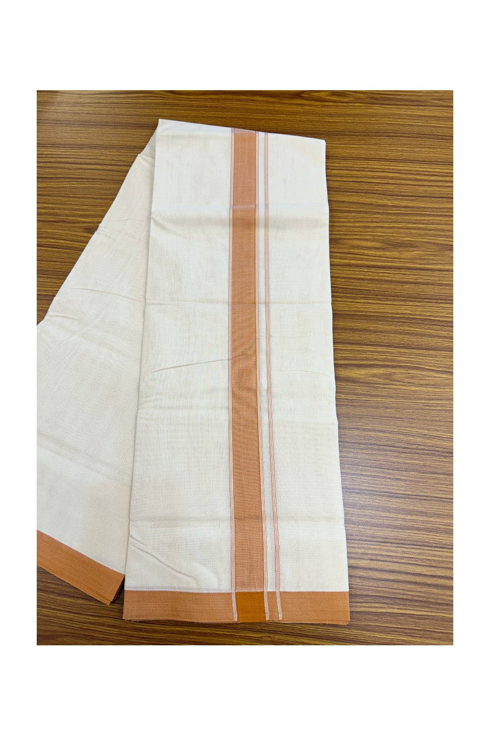 NEW !! 20% DISCOUNT!! KaithariKada Balaramapuram 100% Cotton Double Off white - (Unbleached) Mundu/Dhoti-100x80 - 1.5 inch Light Orange Shaded Striped KARA - 3.75 mtr (8 Muzham) - 4KK5218 ASH