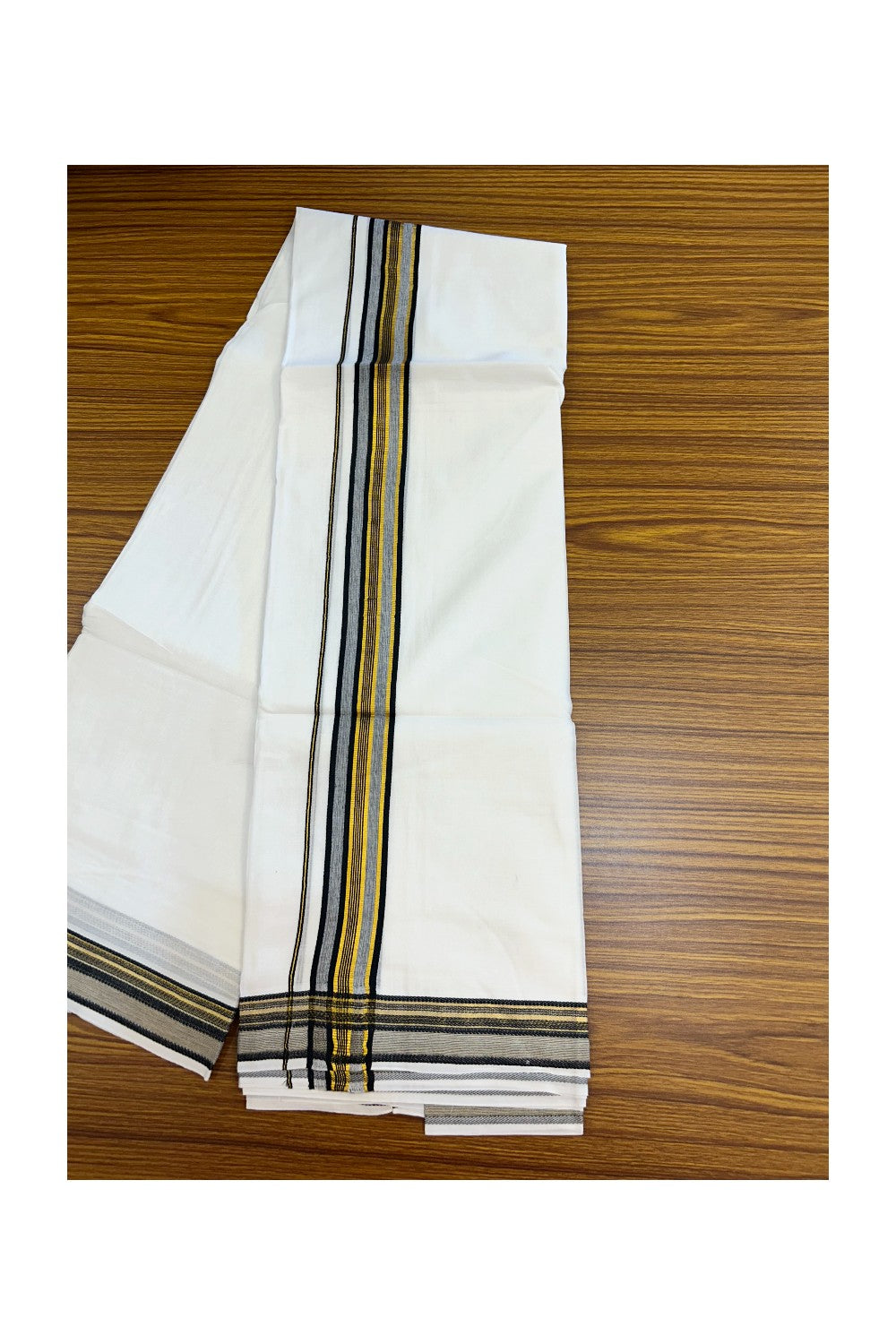 16% DISCOUNT! KaithariKada Balaramapuram 100% MERCERISED Cotton Double ULTRA PURE WHITE Mundu/Dhoti - 100x100 - 1.5 inch Black & Kasavu Stripes Kara - 4KK5221 GAN