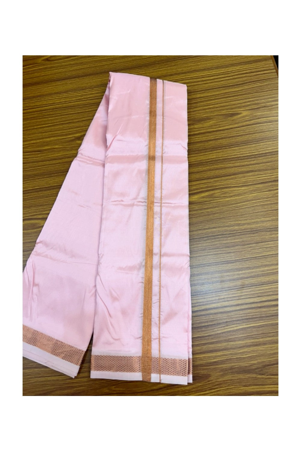 12% Discount!! KaithariKada Balaramapuram 100% Silk Double Mundu/Dhoti - Pastel Pink Colour Body - 0.5 inch Copper Kasavu Kara 3.60 mtr (8 muzham)- 4KK5222 GAN