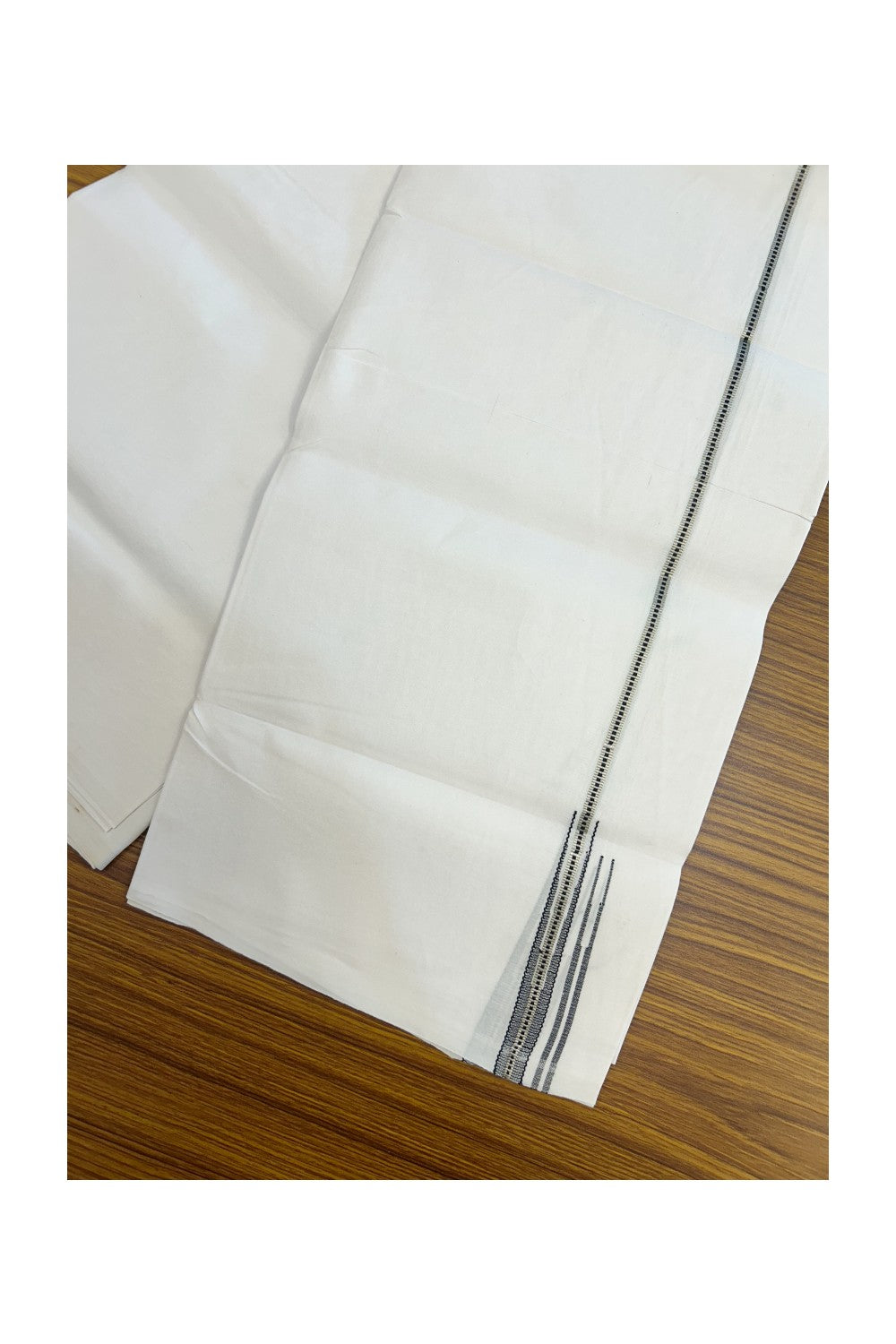 20% DISCOUNT!! KaithariKada Balaramapuram 100% Cotton Single PURE WHITE Mundu/Dhoti - 100x100 - 1 cm Puliyilakkara Muthukuri Silver Kasavu & Black Double Chutty Kara (2 meter / 4 muzham) - 3KK5224 ASH
