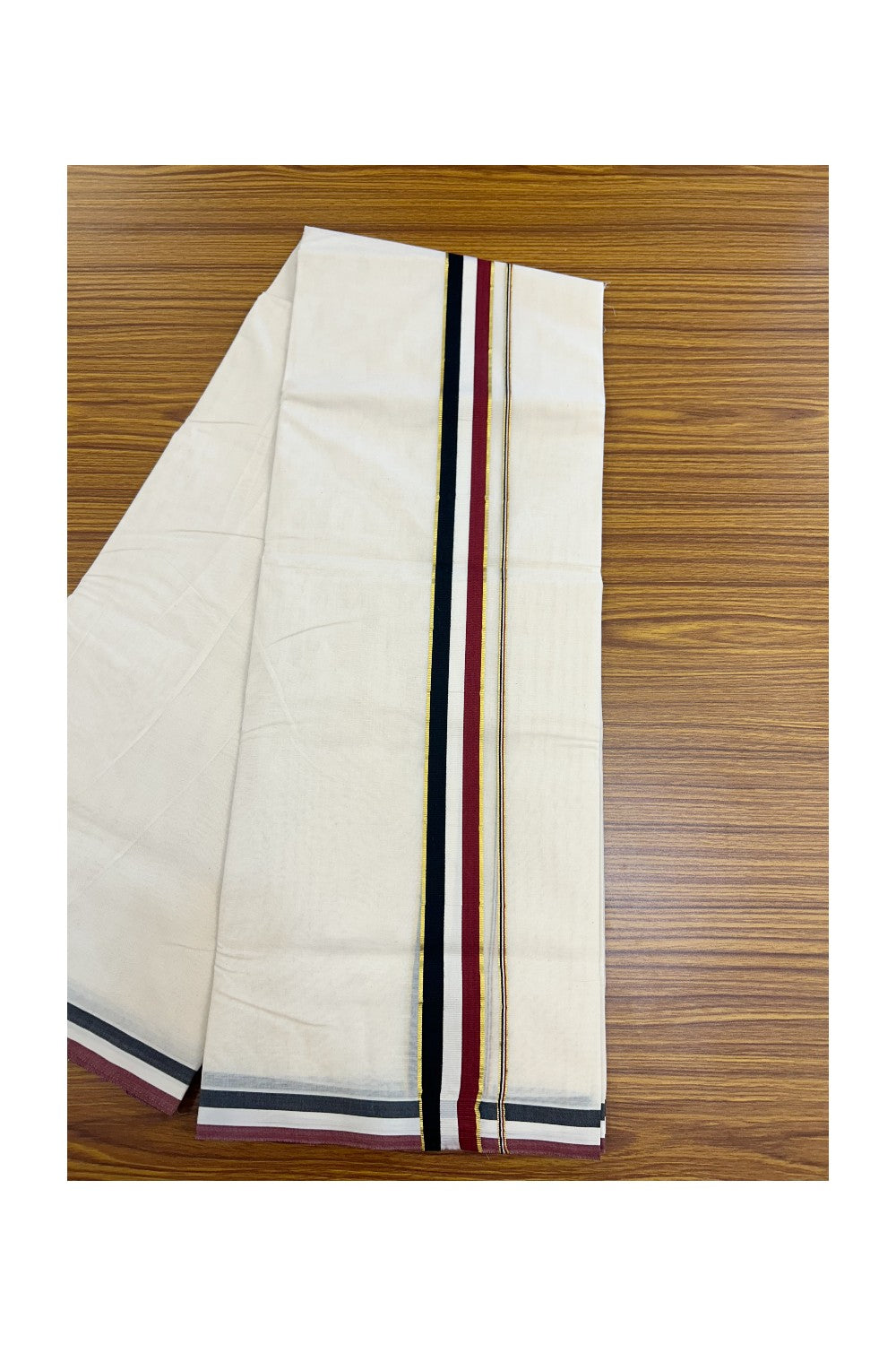 ADMK VESHTI - 20% DISCOUNT! KaithariKada 100% Cotton off white Double - (Unbleached) Mundu/Dhoti - 100X100 - 1.25 inch Gold Kasavu & Black White Maroon kara - 4KK5226ASH