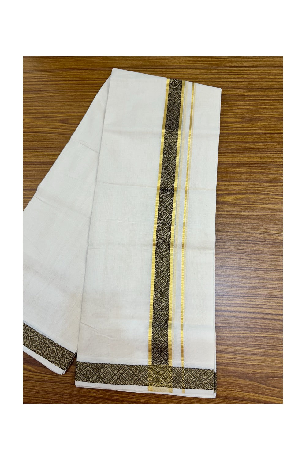 25% DISCOUNT ! KaithariKada HANDLOOM Unakkupaav Balaramapuram - 100% PURE Cotton OFF WHITE - (Unbleached) Double Mundu/Dhoti - 80x90 - 1.5 inch Gold Kasavu & Dark brown Jacquard Design Kara 4 mtr (8.5 Muzham) - 3KK5231 ABH