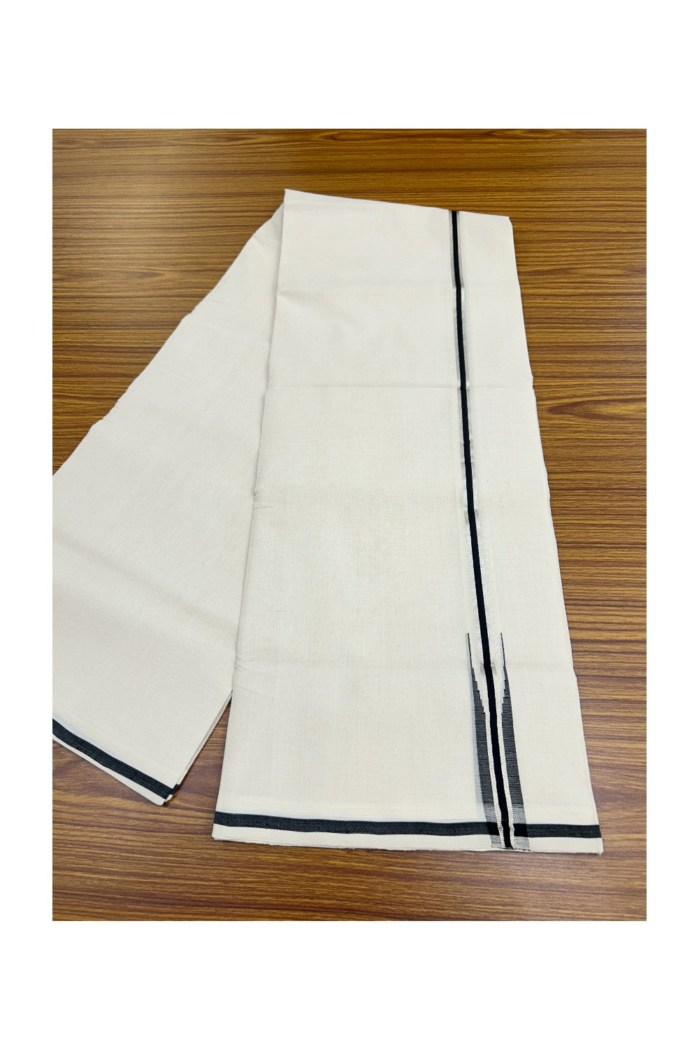 25% Discount!!! KaithariKada HANDLOOM UNAKKUPAAV Balaramapuram - 100% PURE Cotton OFF WHITE (Unbleached) Double Mundu/Dhoti - 80x90 - 1 inch Silver Kasavu Black chutty kara 4 Mtr (8.5 Muzham) - 4KK5235 YAR