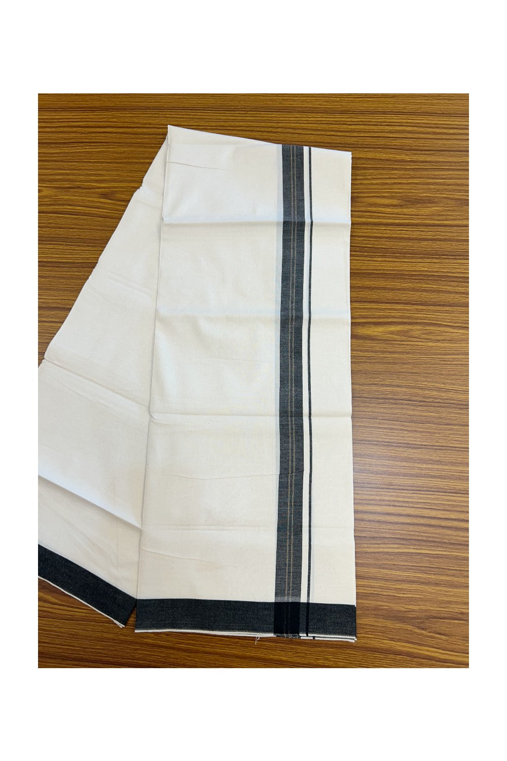 24% Discount !! KaithariKada Balaramapuram 100% Cotton OFF WHITE (Unbleached) Single Mundu/Dhoti - Twisted 60s Thread - 3 cm Black shaded sand brown striped Kara (2 meter / 4 muzham) - 34KK5241 GL