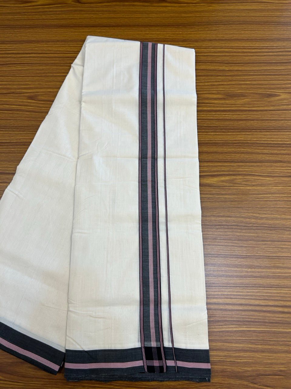 25% DISCOUNT!! KaithariKada HANDLOOM UNAKKUPAAV Balaramapuram - 100% PURE Cotton OFF White - (Unbleached) Double Mundu/Dothi - 100 x 80 - 1.5 inch Pink Black Black Strip Kara 3.85 meter - 4 KK5249 REA