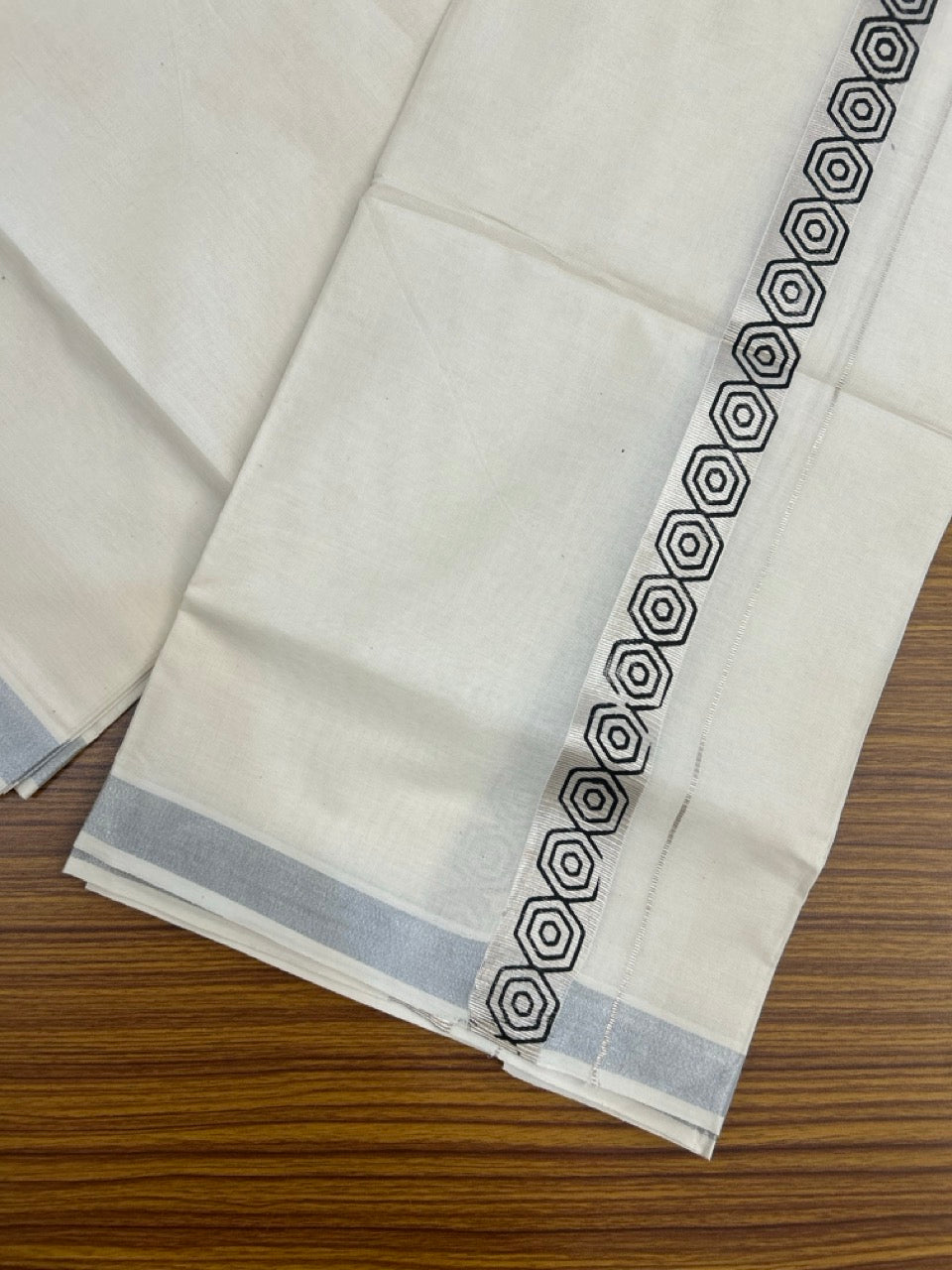 KaithariKada 100% Cotton Double 4 meter Off white - (Ubleached) Mundu / Dhoti - 100x80 1 inch Silver Kasavu & Black Printed Tribal - 4 KK5262 MUT