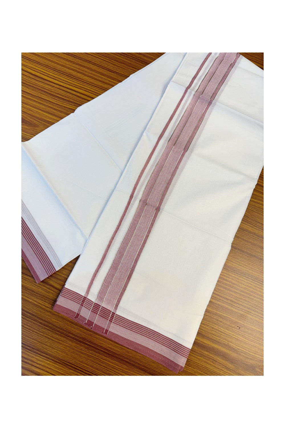 19% DISCOUNT!!! KaithariKada Balaramapuram 100% Cotton Double PURE white Mundu/Dhoti-100x100 - 2.5 Inch Silver kasavu stripes & red shaded Kara - 4KK83VIN