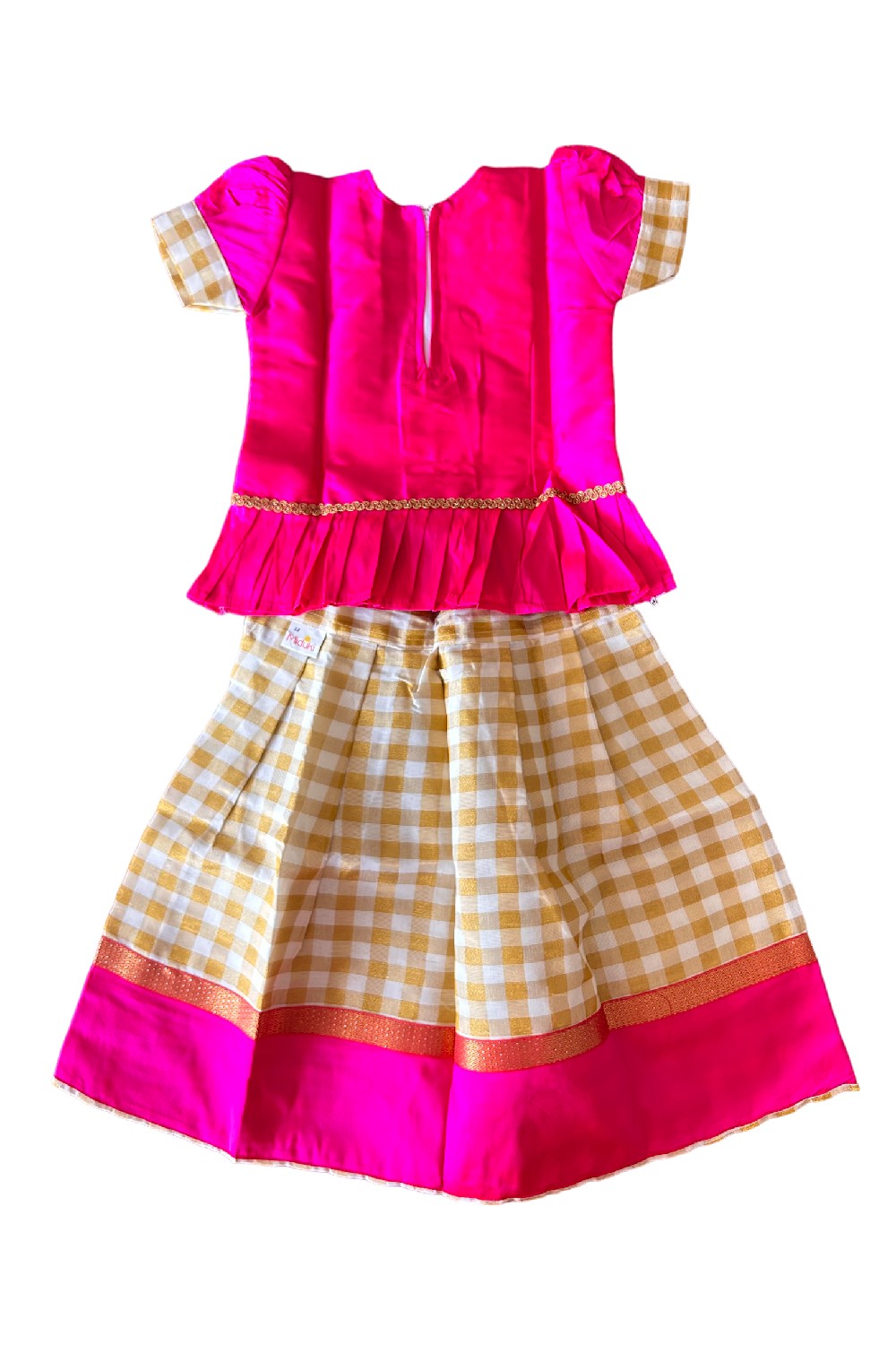 Midukki-Traditional South Indian Kids Pattu Pavada- Magenta top with pleats offwhite check skirt with magenta border- Age 3 - KK3MID004