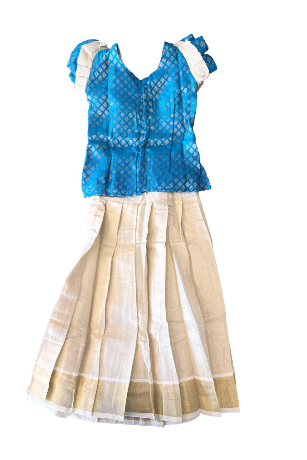 Midukki-Traditional South Indian Kids Pattu Pavada- Sky Blue brocade top tissue skirt - Age 4 - KK4MID004