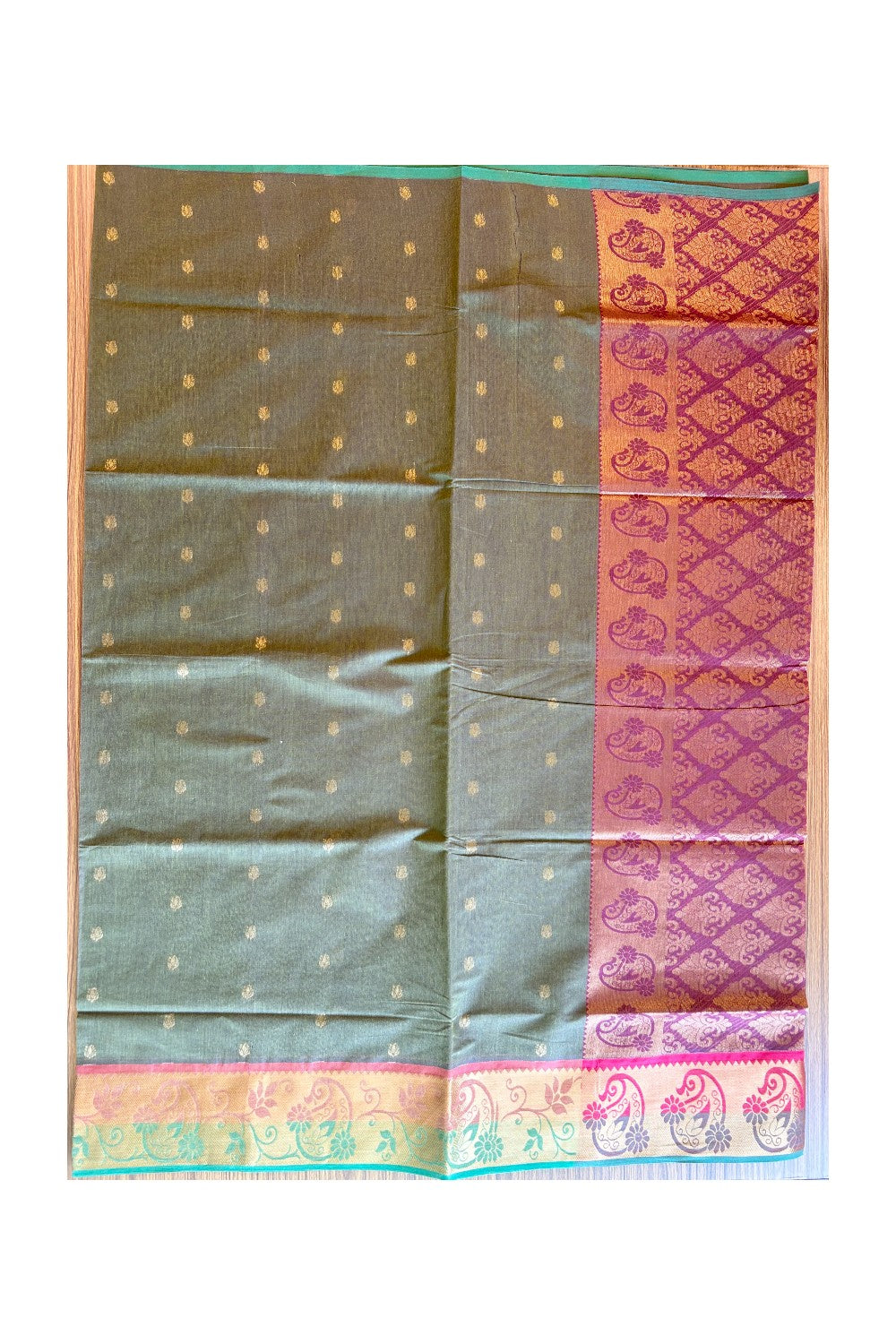 KaithariKada- Balaramapuram Saree - 100% PURE Cotton Silk - Olive Green & Maroon Design -4KK1005PAN.